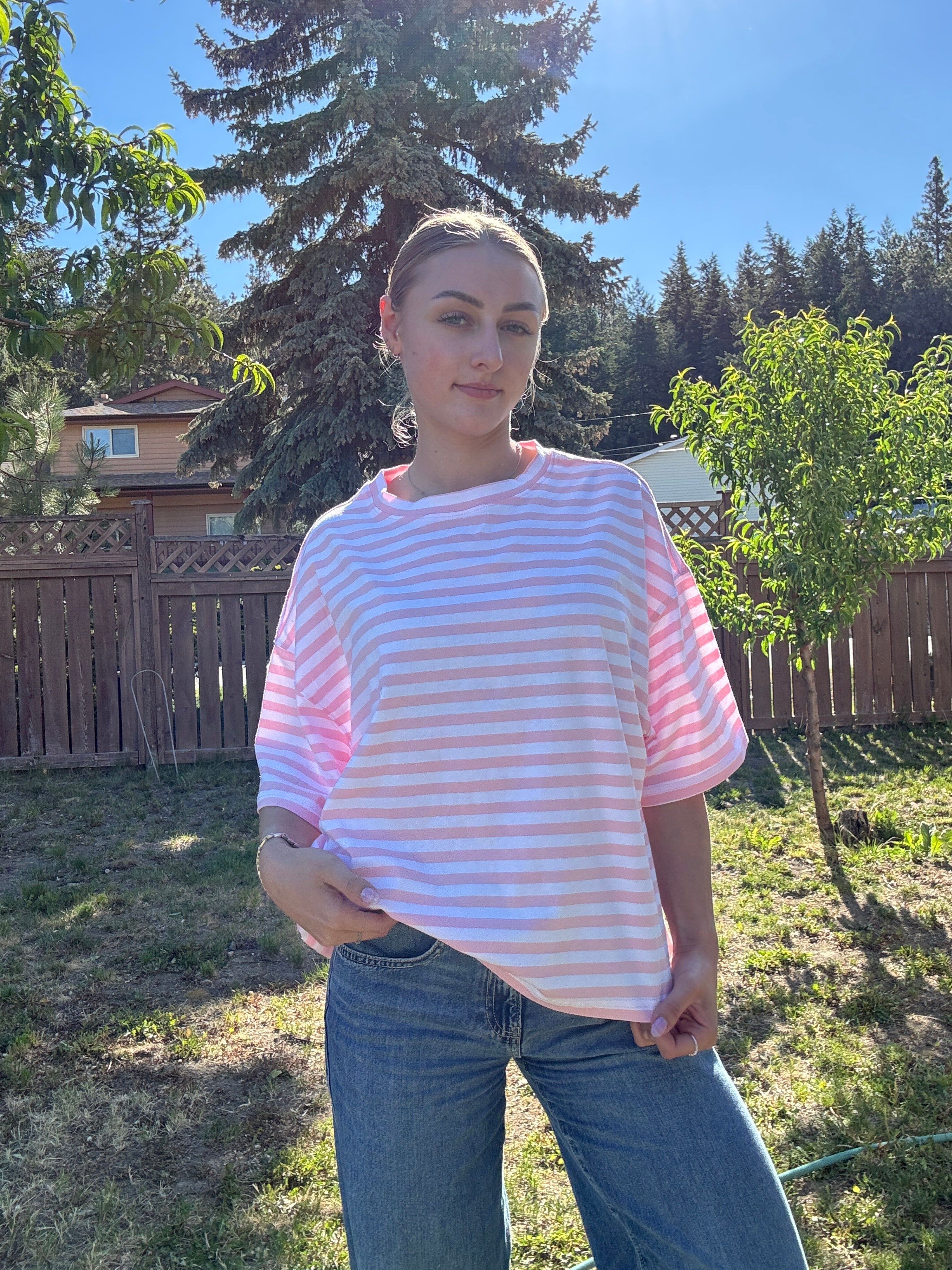 The Sunday Stripe Oversized Tee- baby pink