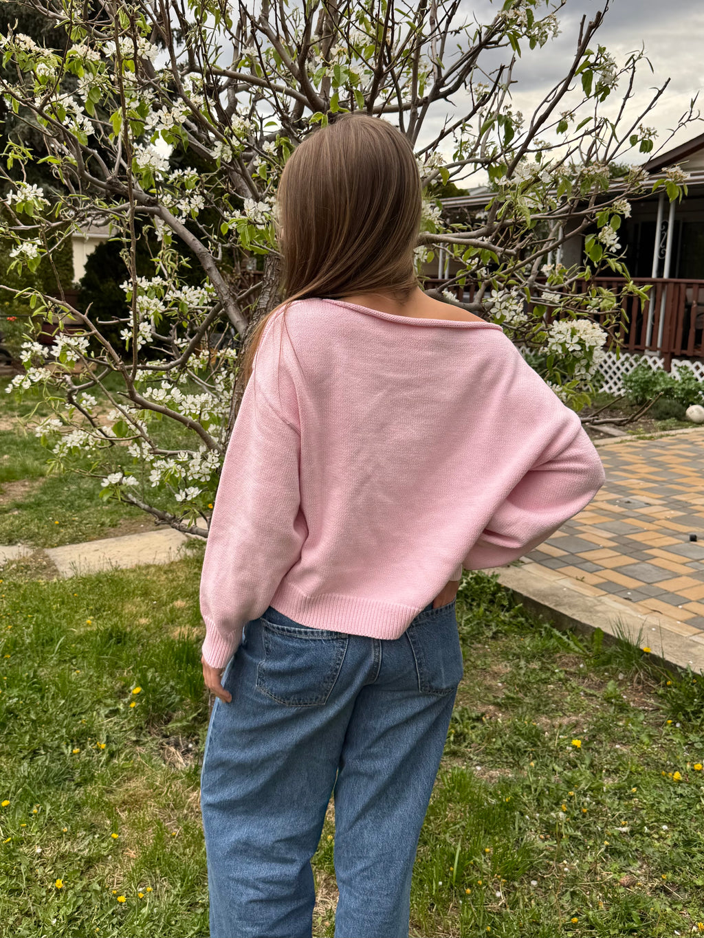 Soft pink boat neck sweater