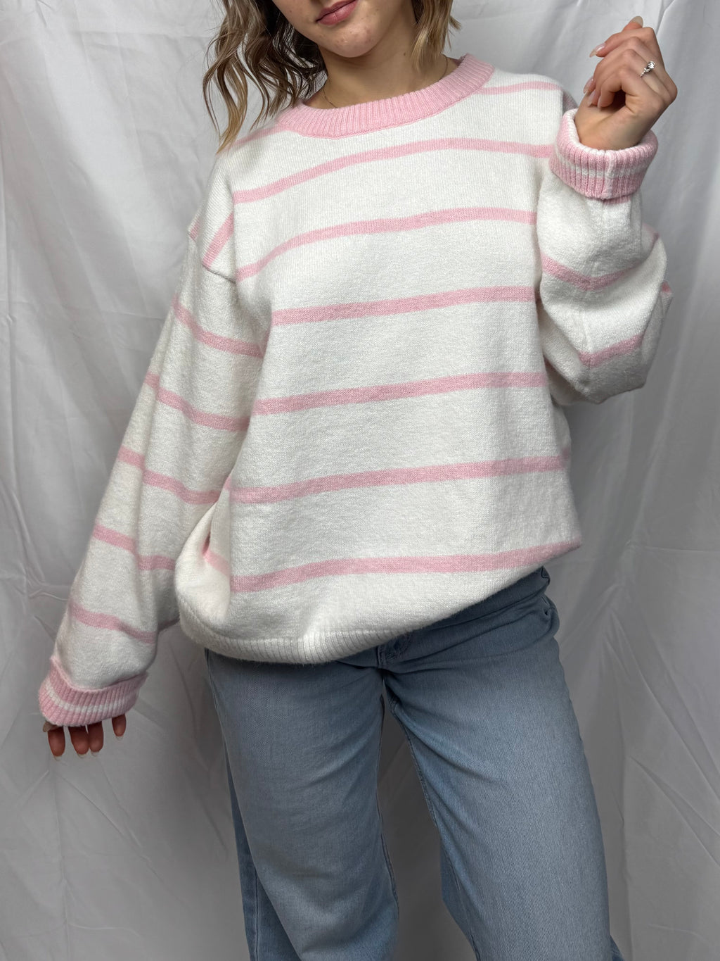 White & Pink Striped Oversized Sweater