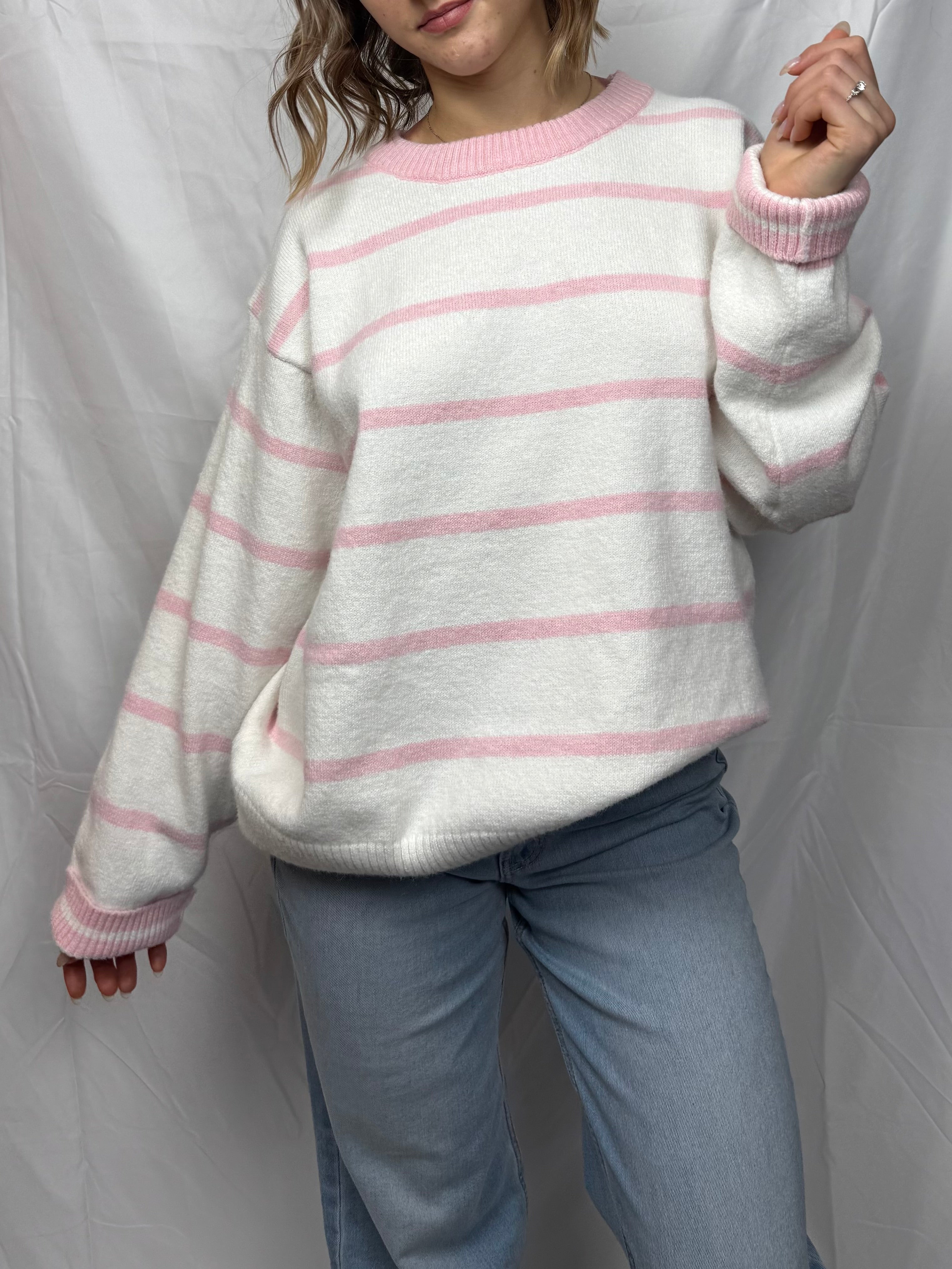 White & Pink Striped Oversized Sweater