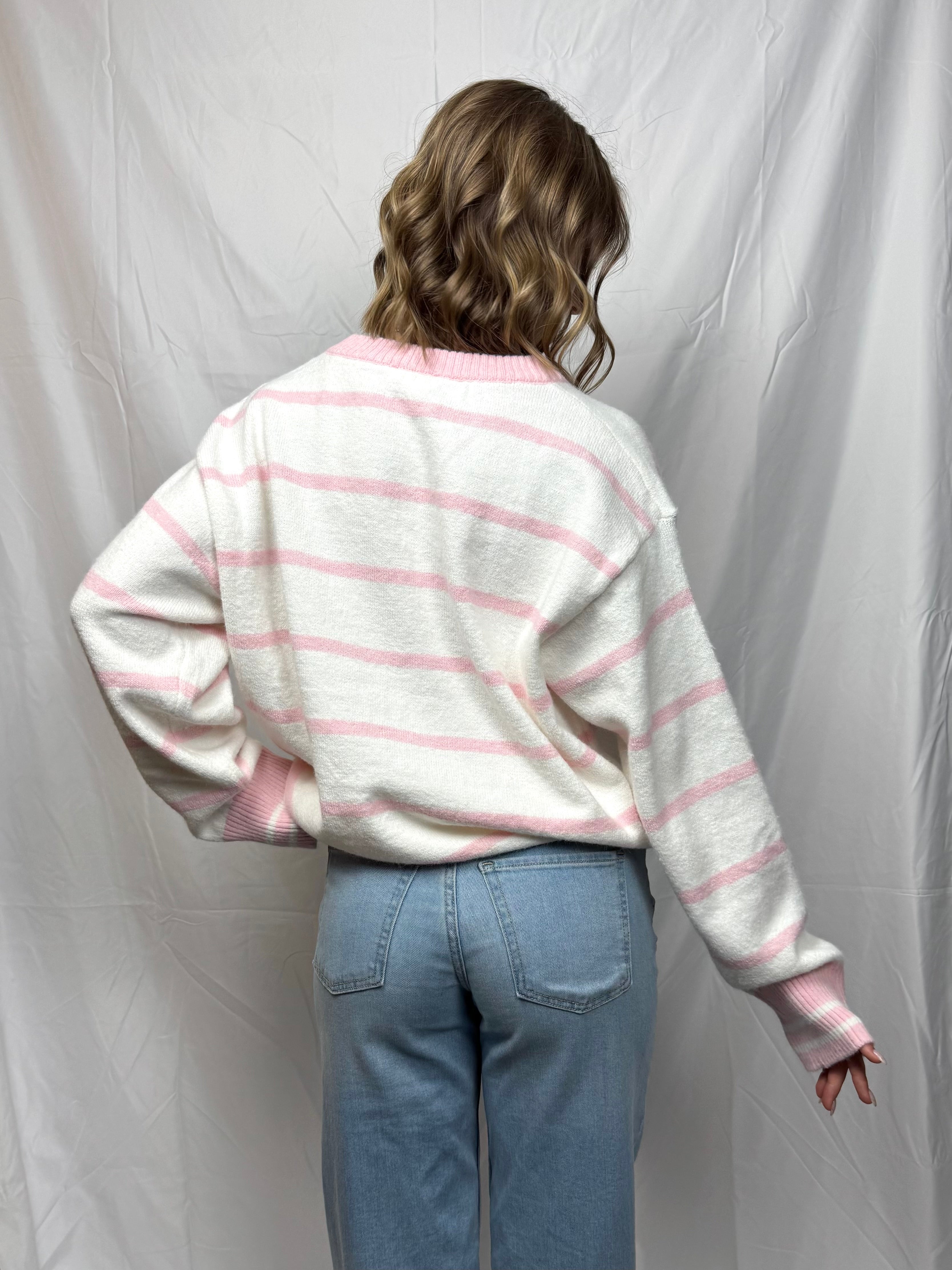 White & Pink Striped Oversized Sweater