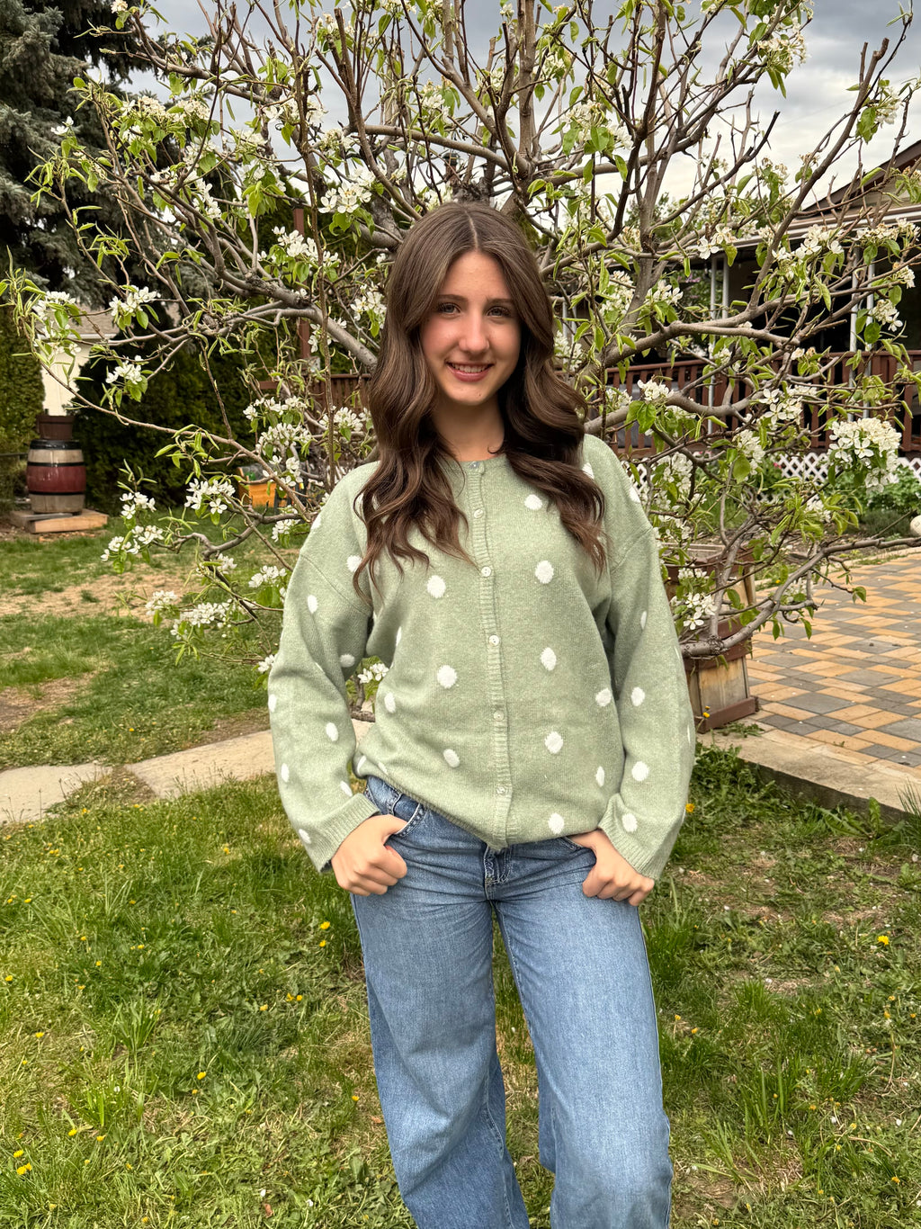Sage Polka Dot Cardigan