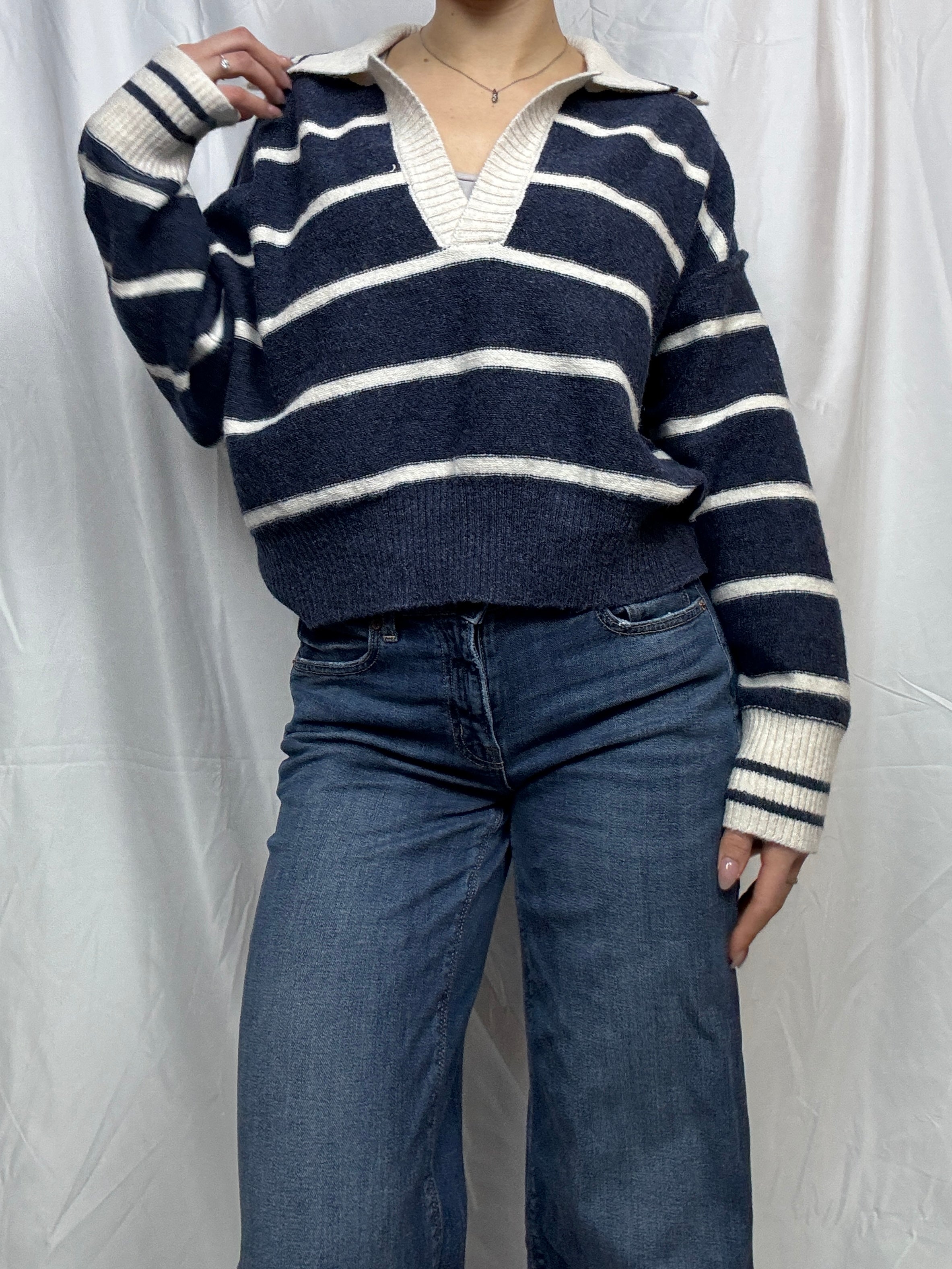 Navy Striped Collared Pullover