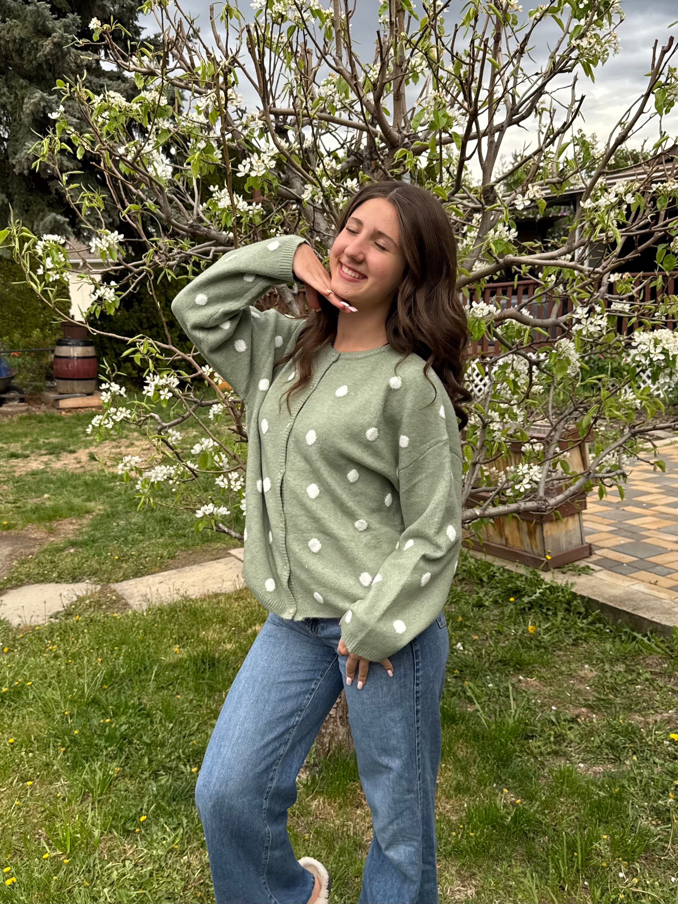 Sage Polka Dot Cardigan