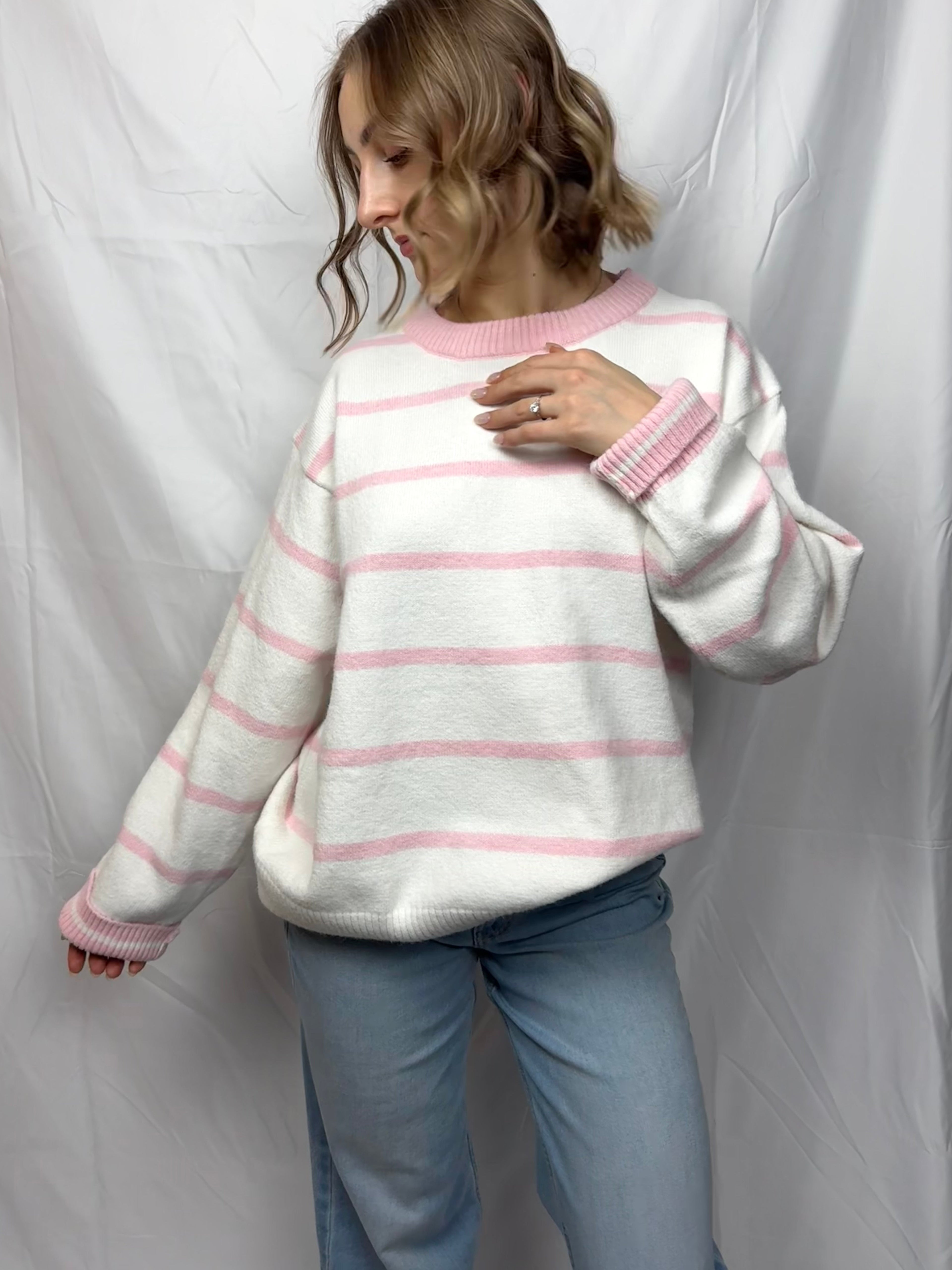 White & Pink Striped Oversized Sweater