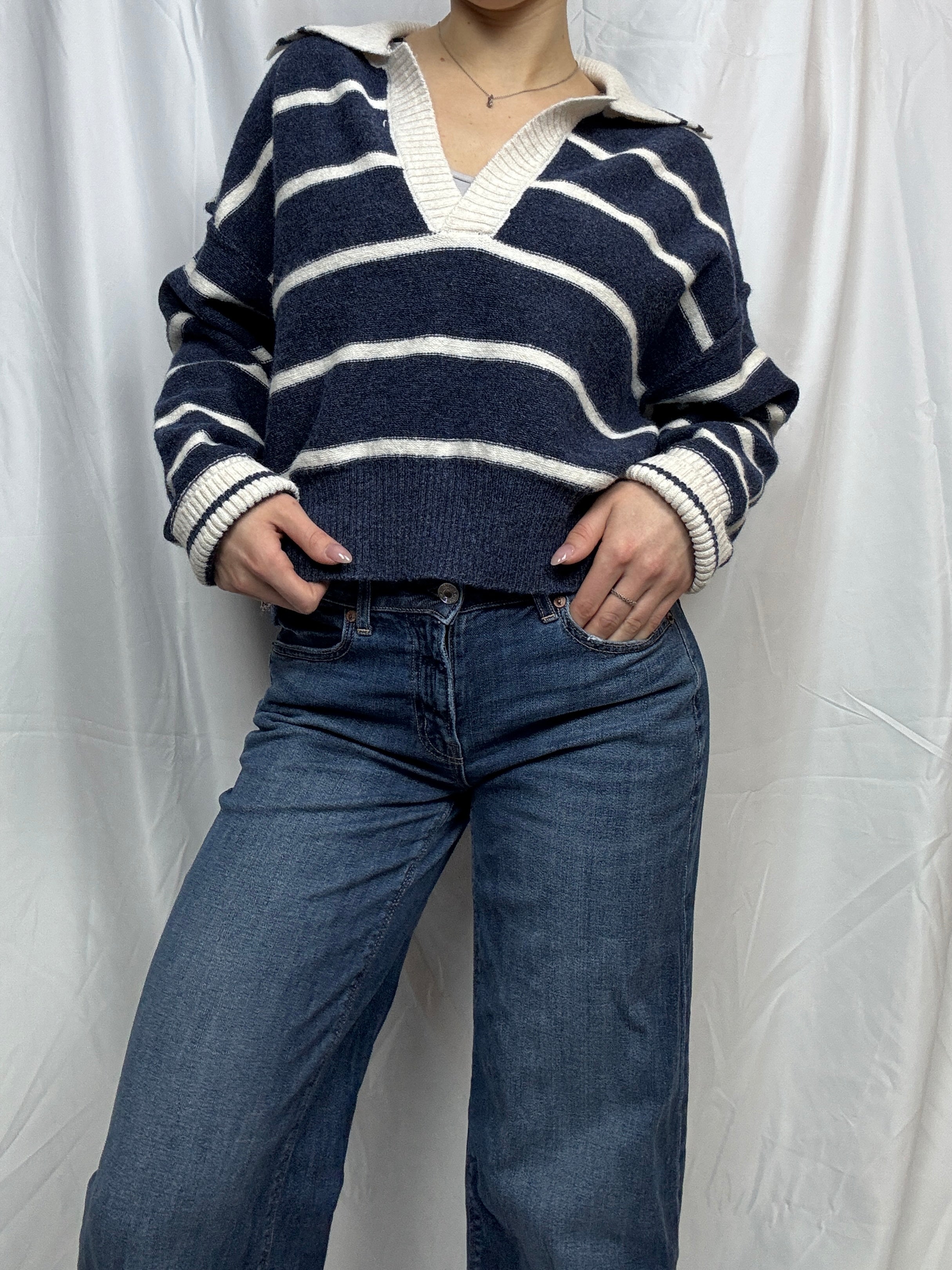 Navy Striped Collared Pullover