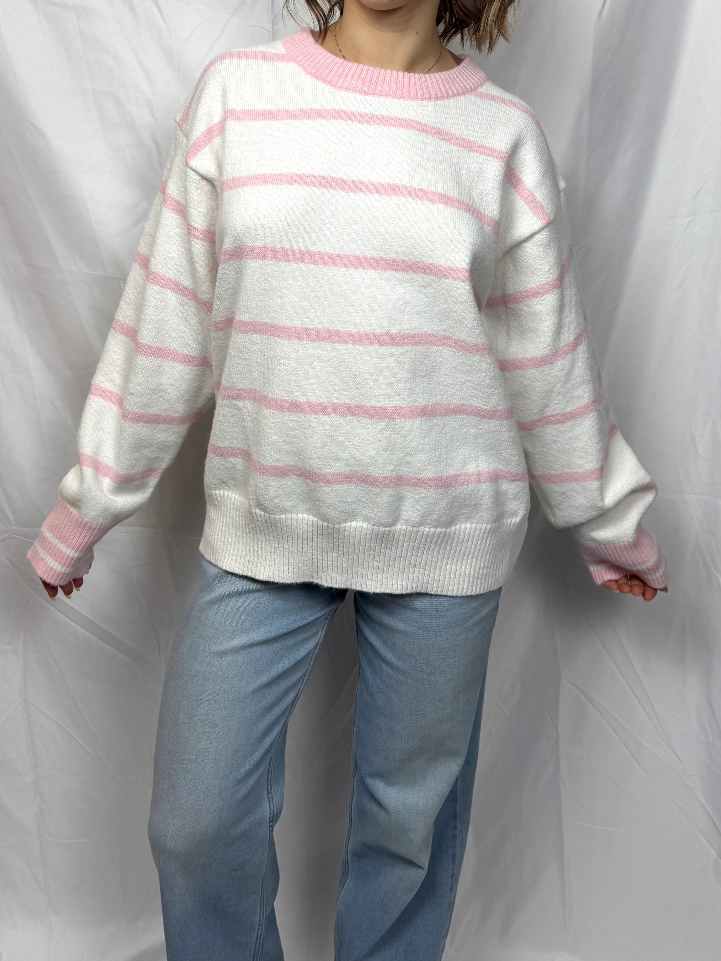 White & Pink Striped Oversized Sweater