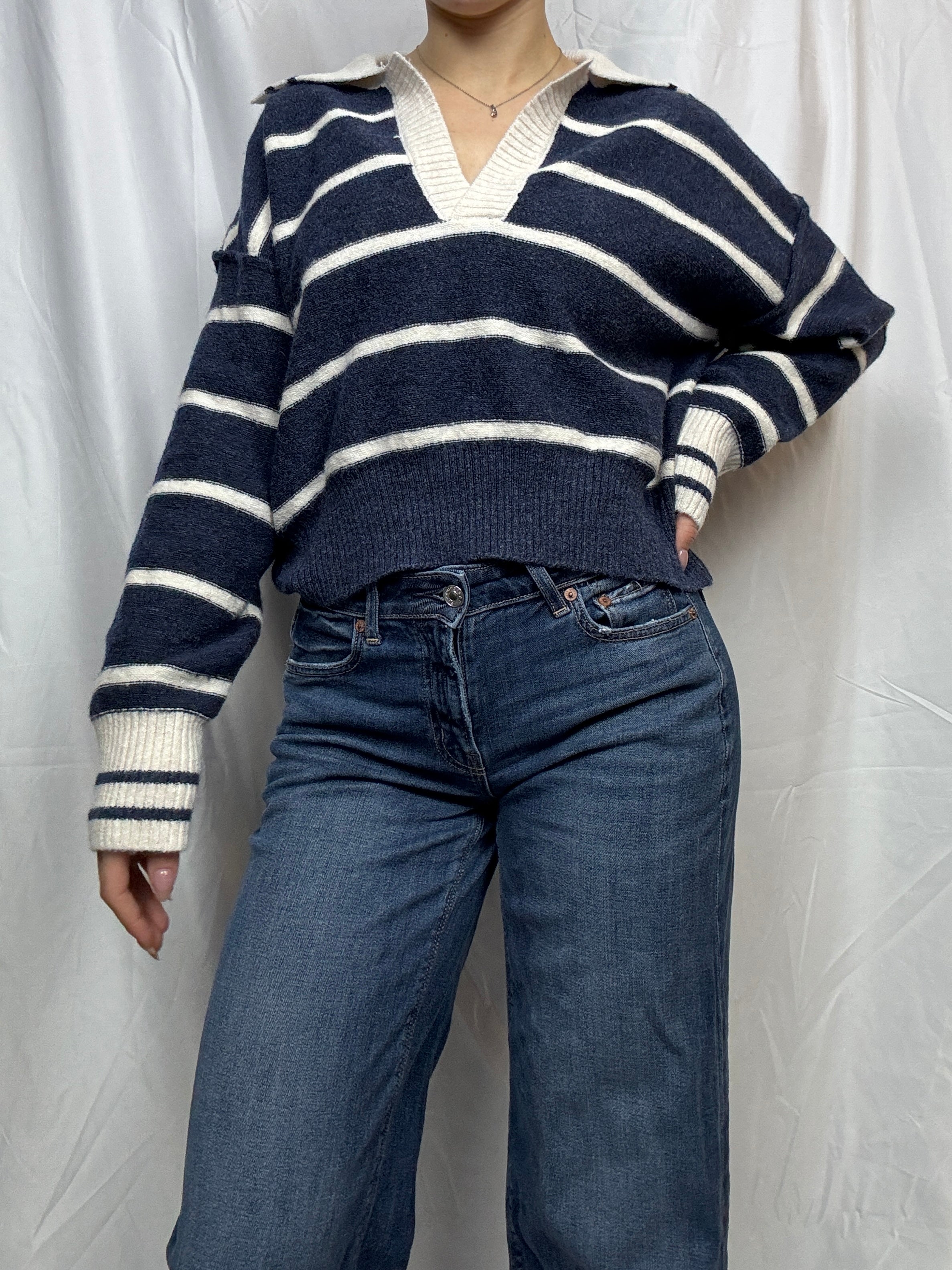 Navy Striped Collared Pullover