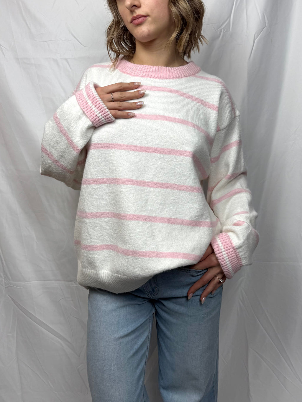 White & Pink Striped Oversized Sweater