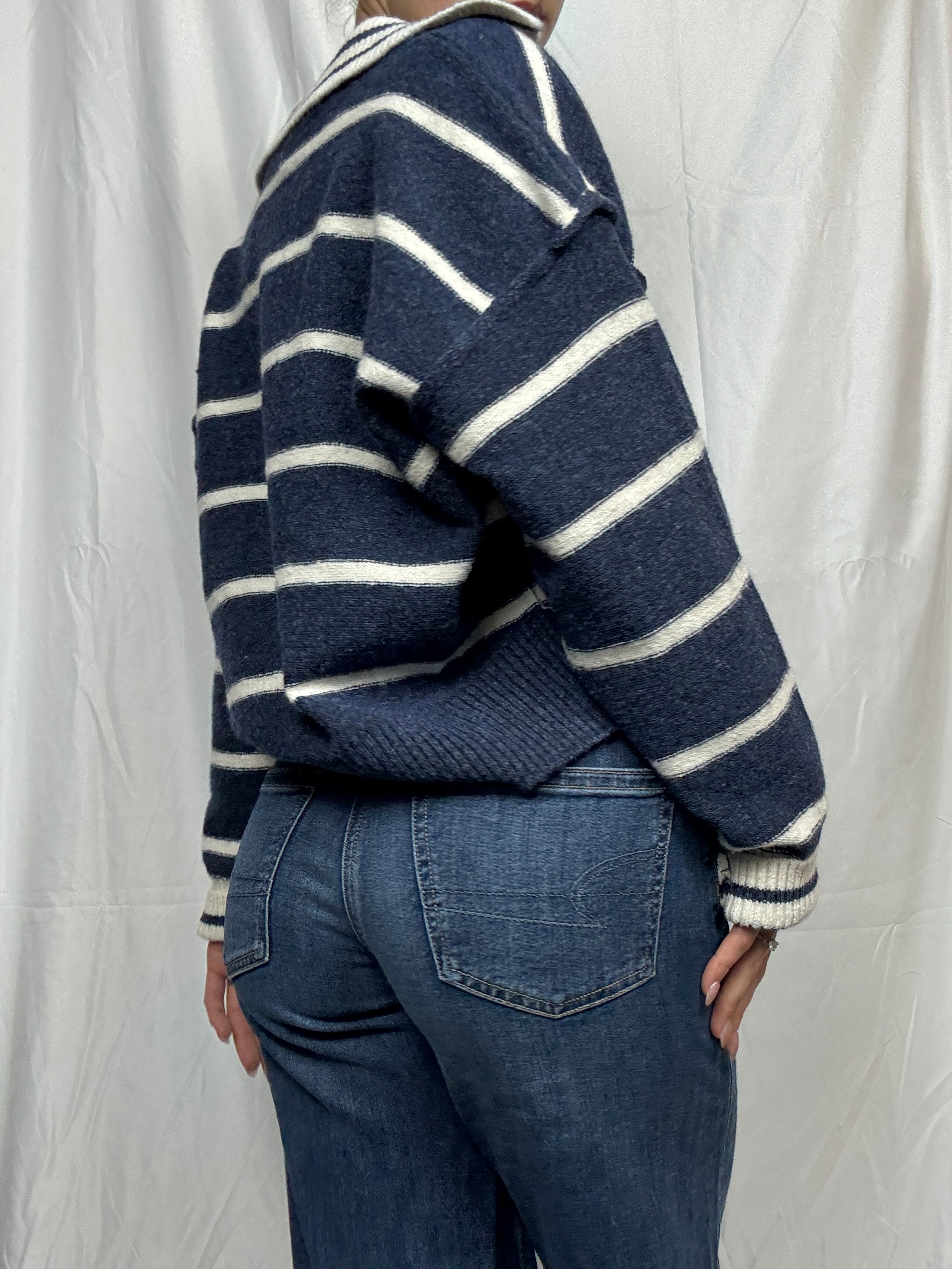 Navy Striped Collared Pullover