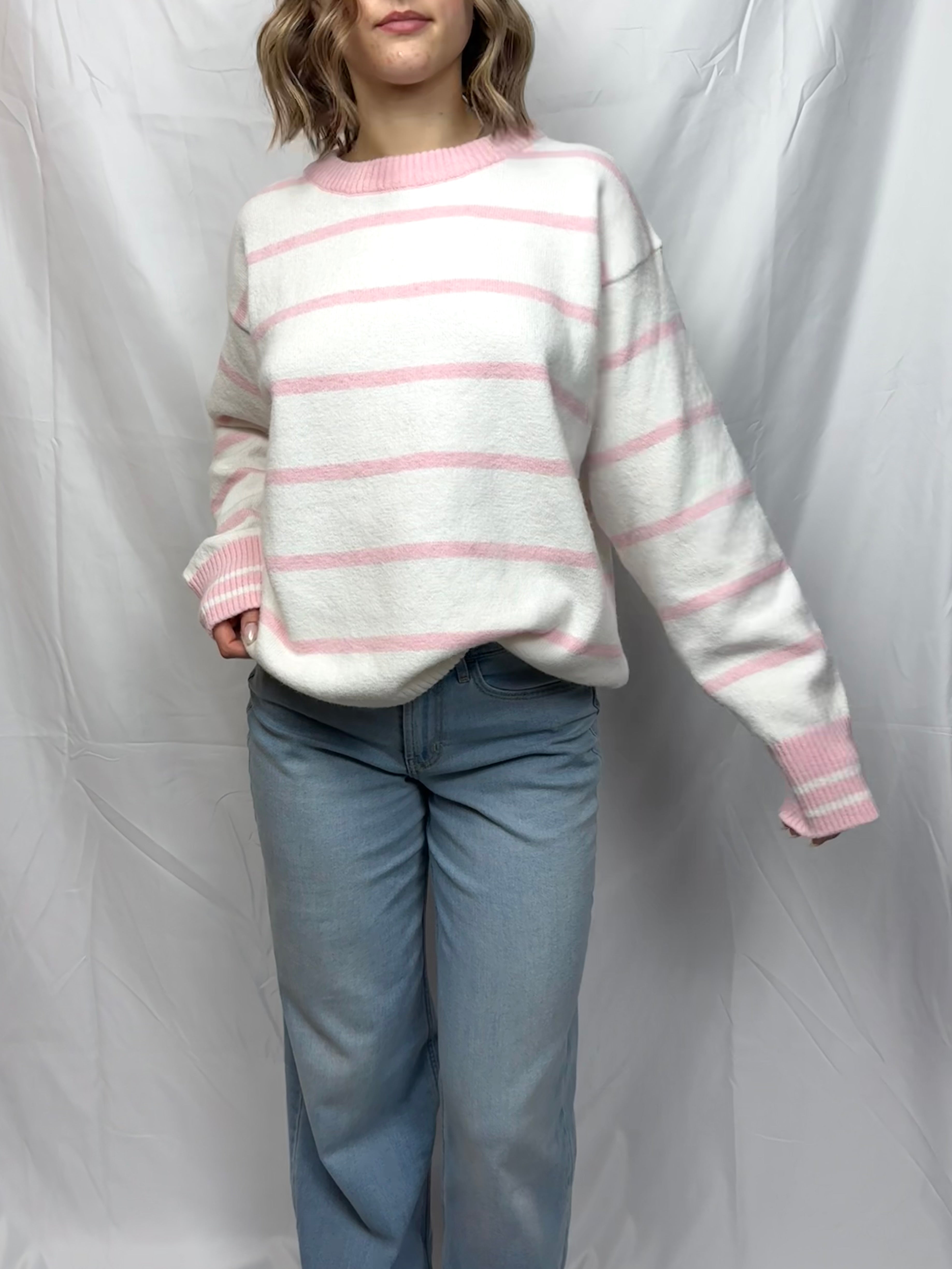 White & Pink Striped Oversized Sweater