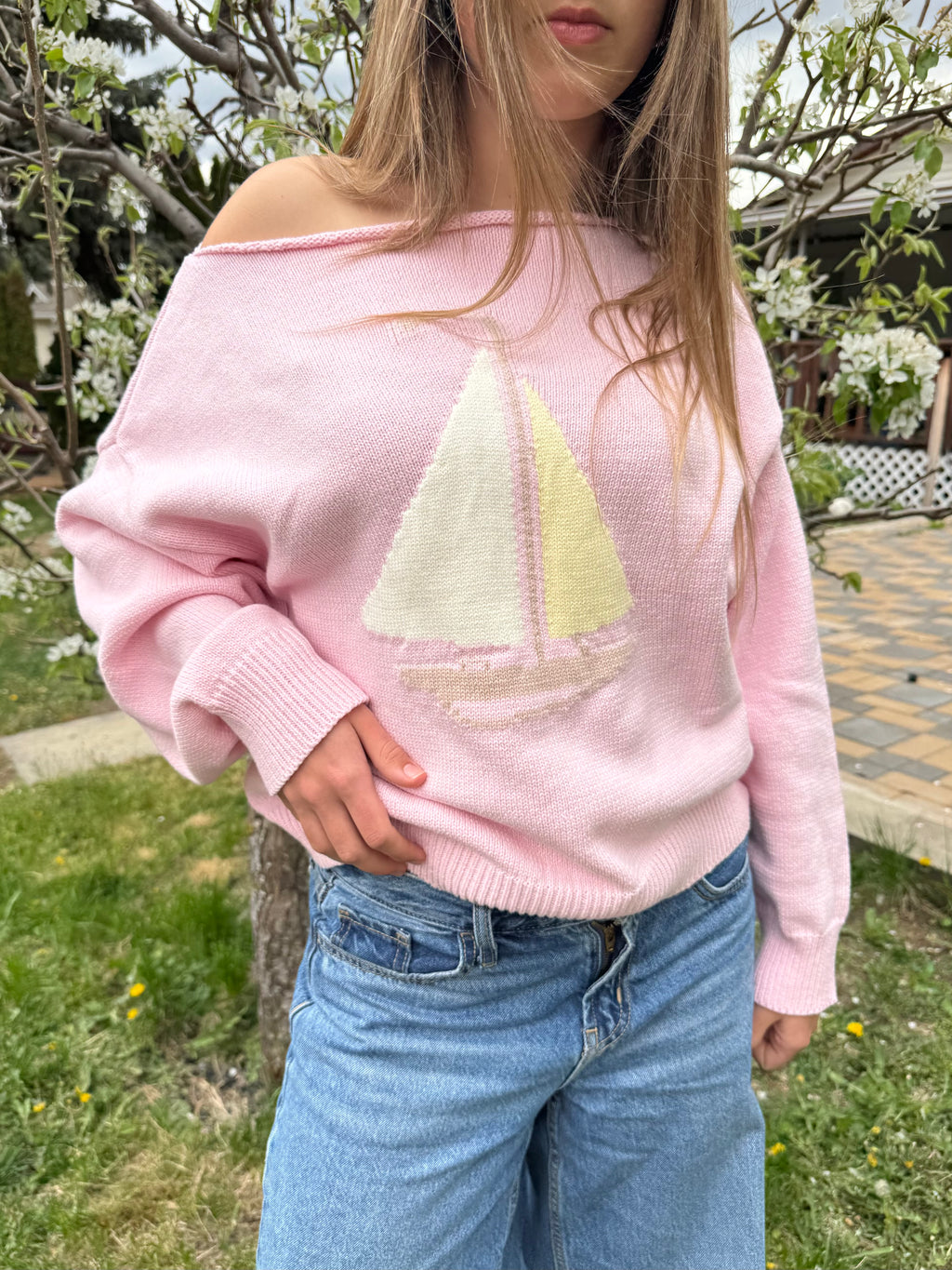 Soft pink boat neck sweater