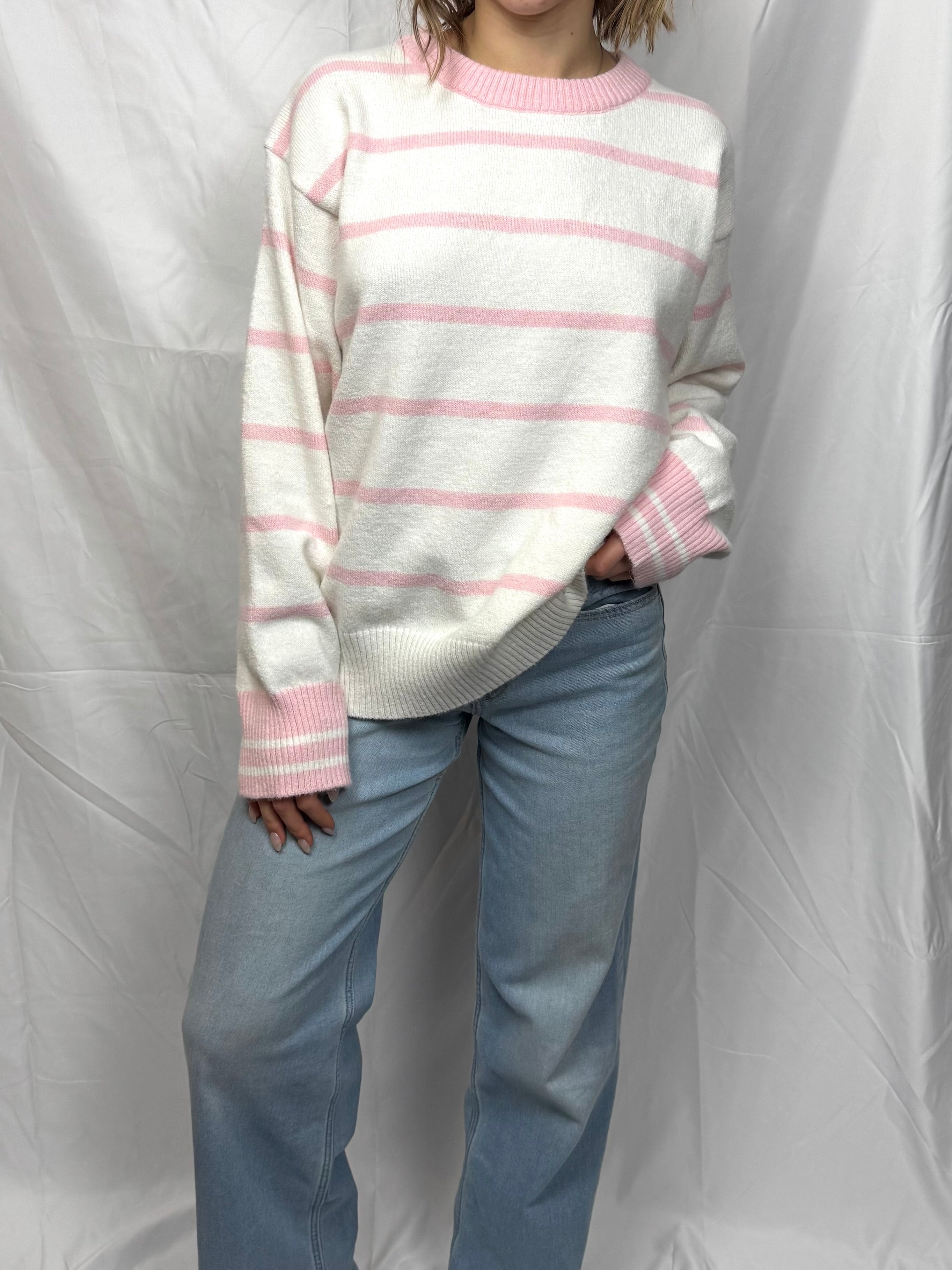 White & Pink Striped Oversized Sweater