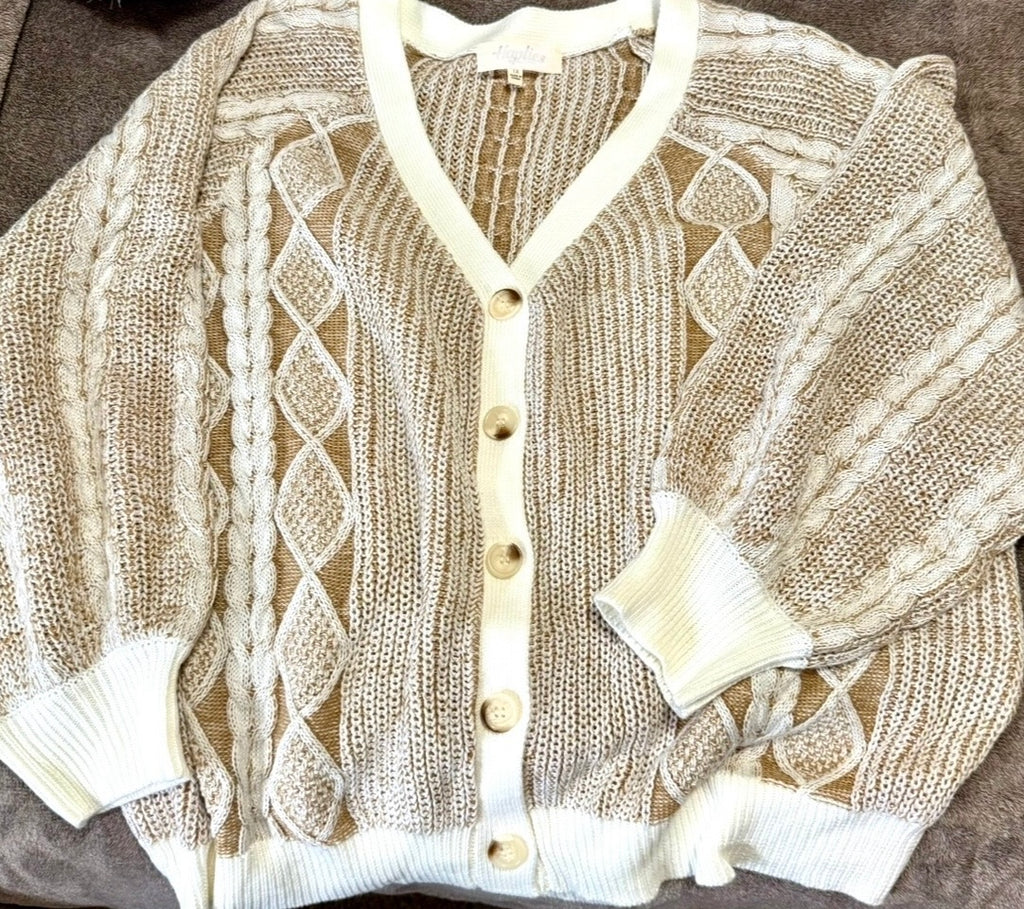 Two-Tone Cable Knit Button-Front Cardigan (Plus)
