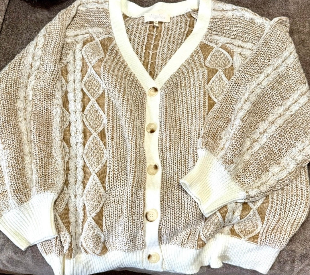 Two-Tone Cable Knit Button-Front Cardigan (Plus)