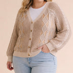 Two-Tone Cable Knit Button-Front Cardigan (Plus)