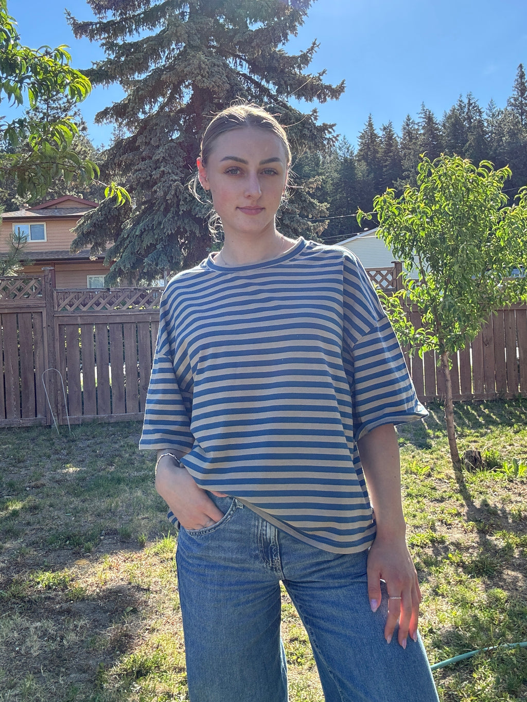 The Sunday Stripe Oversized Tee- sand blue