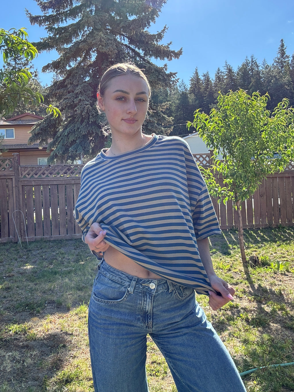 The Sunday Stripe Oversized Tee- sand blue