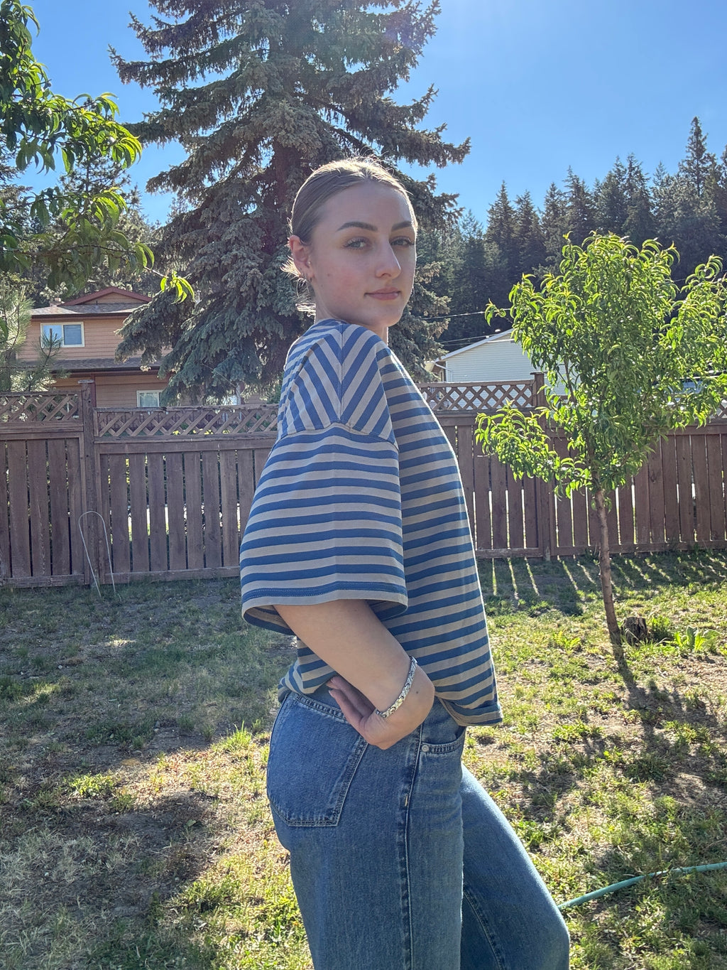 The Sunday Stripe Oversized Tee- sand blue