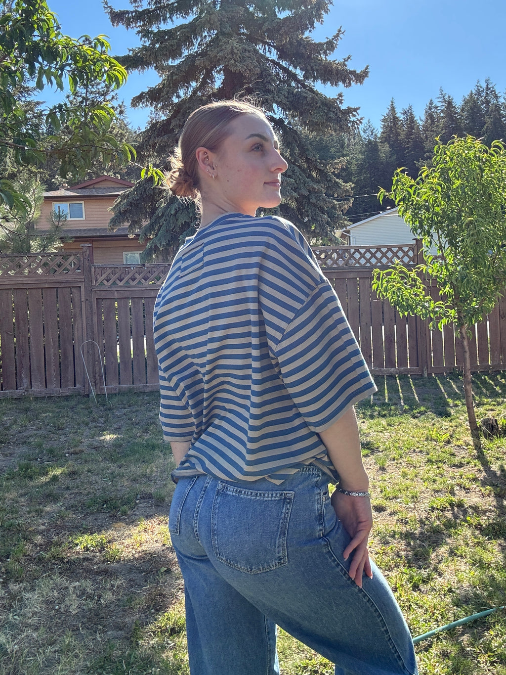 The Sunday Stripe Oversized Tee- sand blue