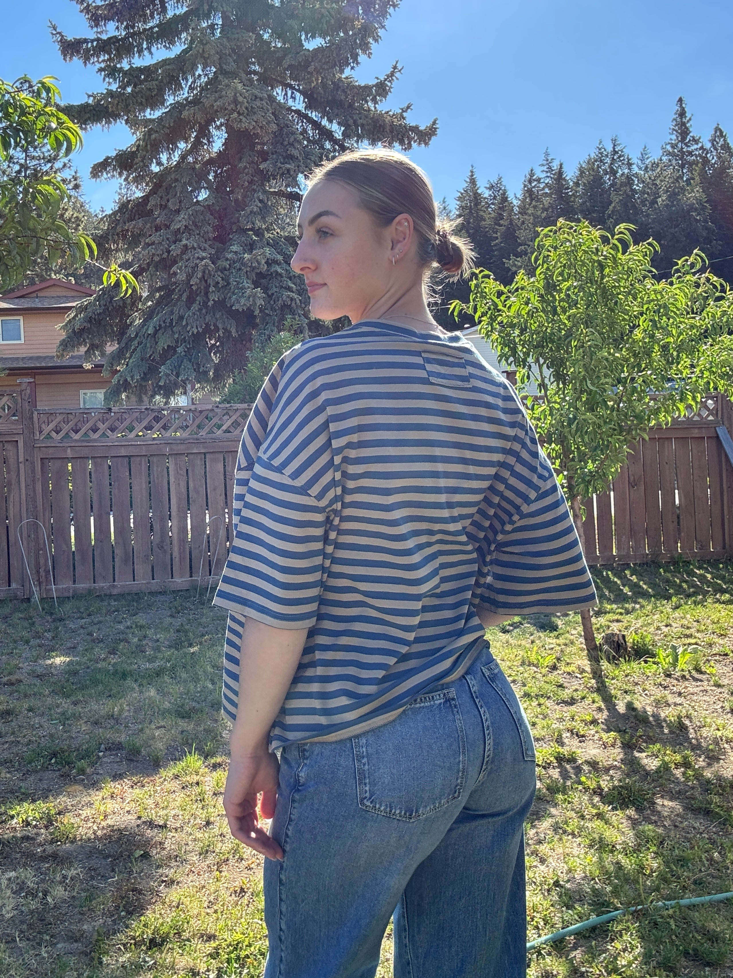 The Sunday Stripe Oversized Tee- sand blue