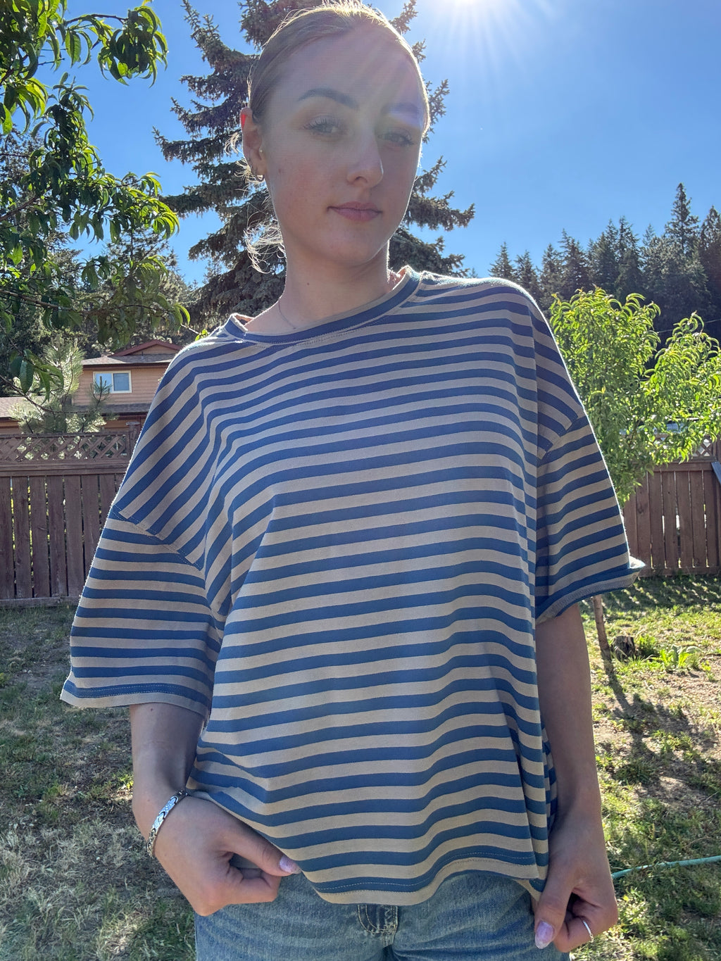 The Sunday Stripe Oversized Tee- sand blue