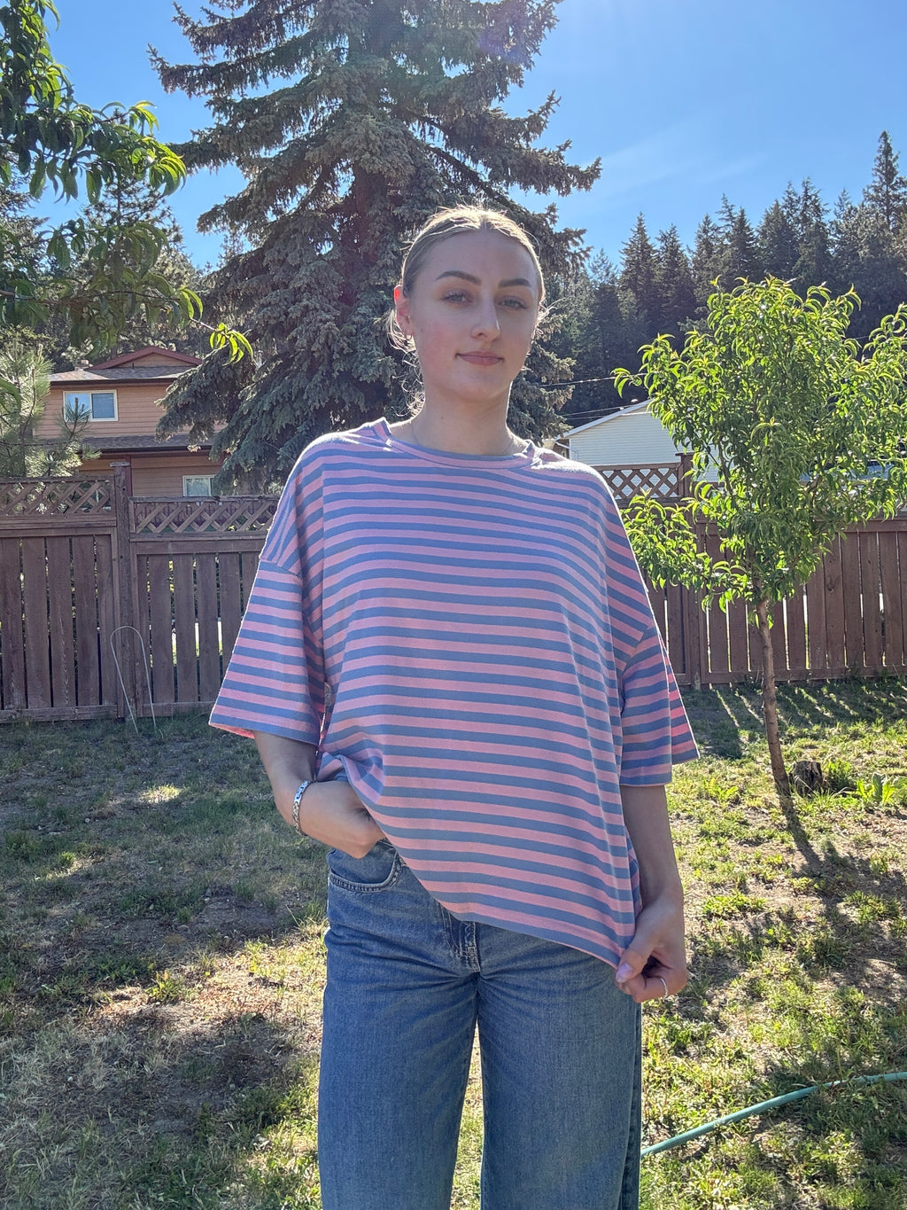 The Sunday Stripe Oversized Tee- rose violet