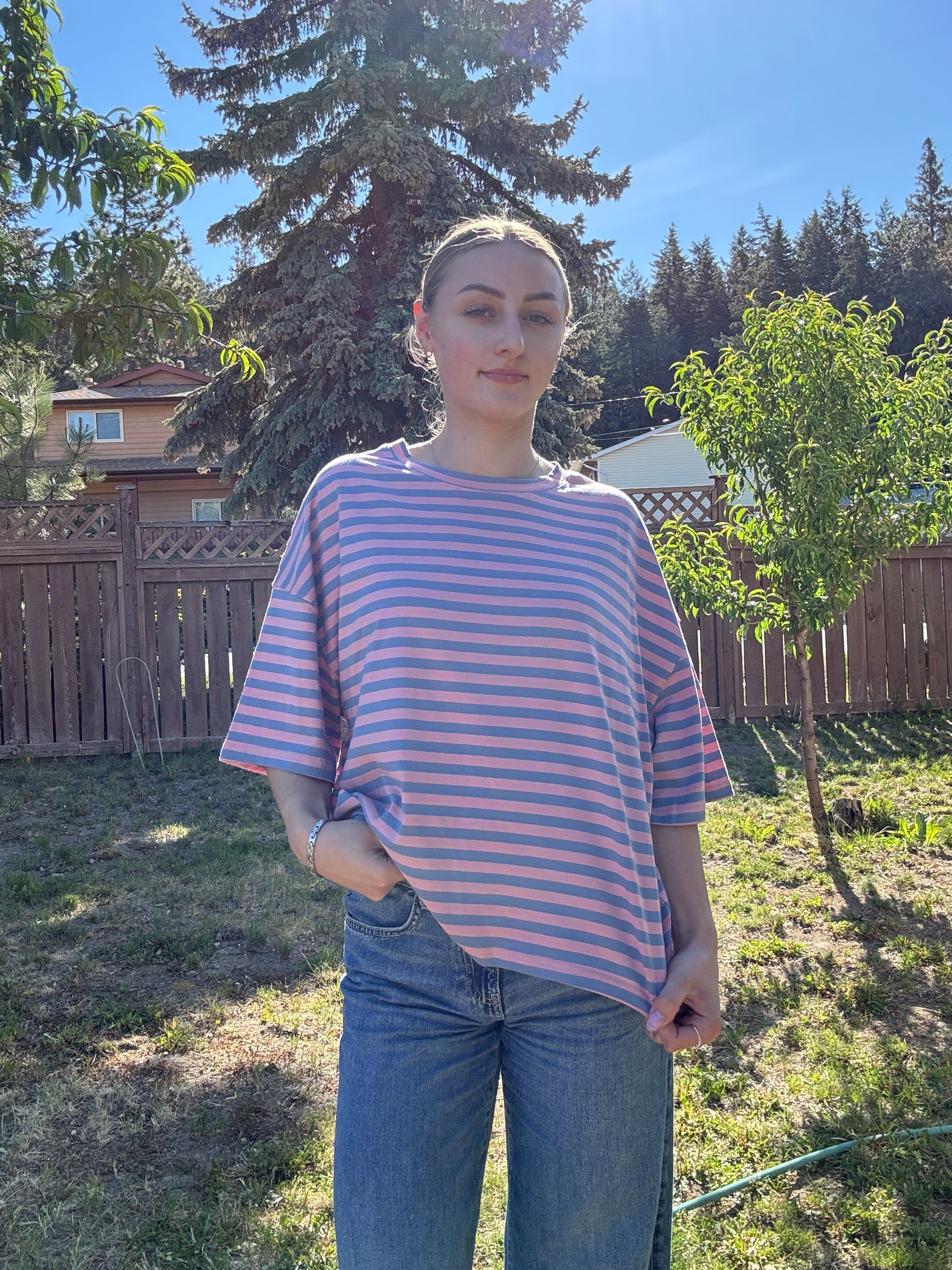 The Sunday Stripe Oversized Tee- rose violet