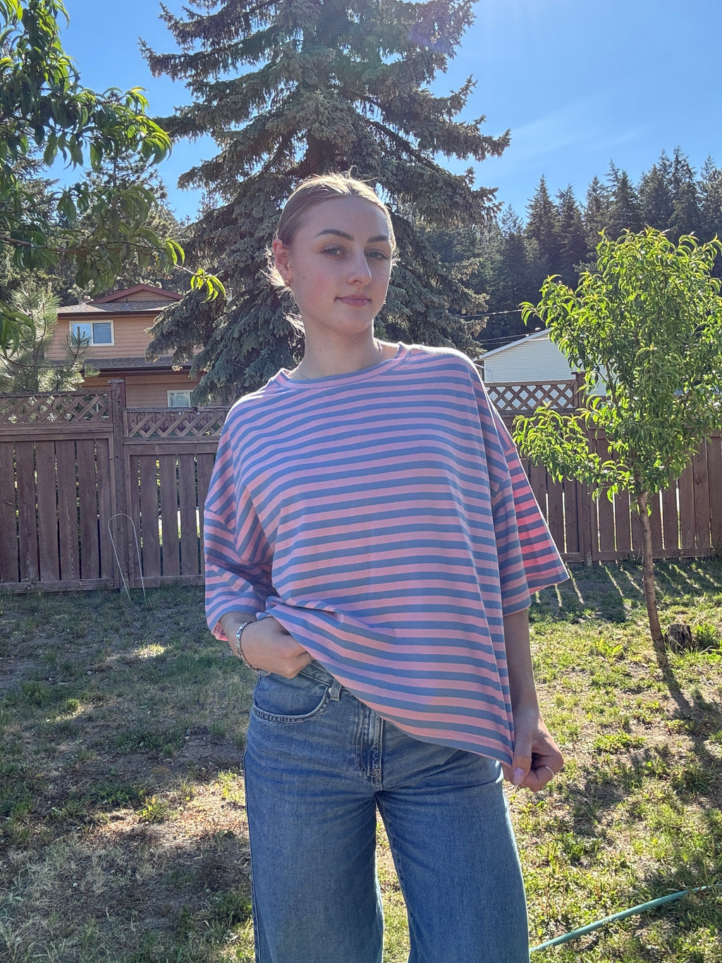 The Sunday Stripe Oversized Tee- rose violet