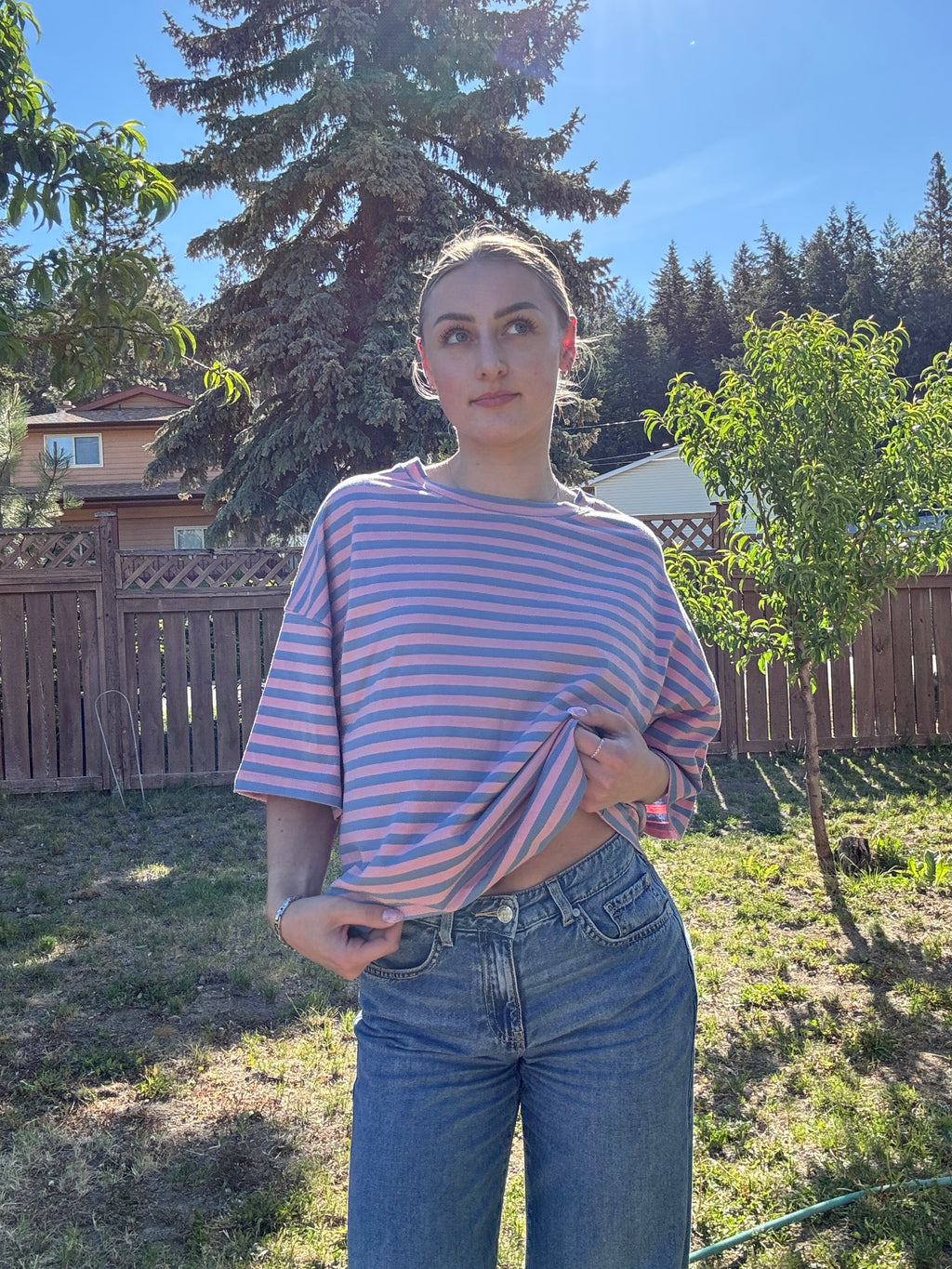 The Sunday Stripe Oversized Tee- rose violet