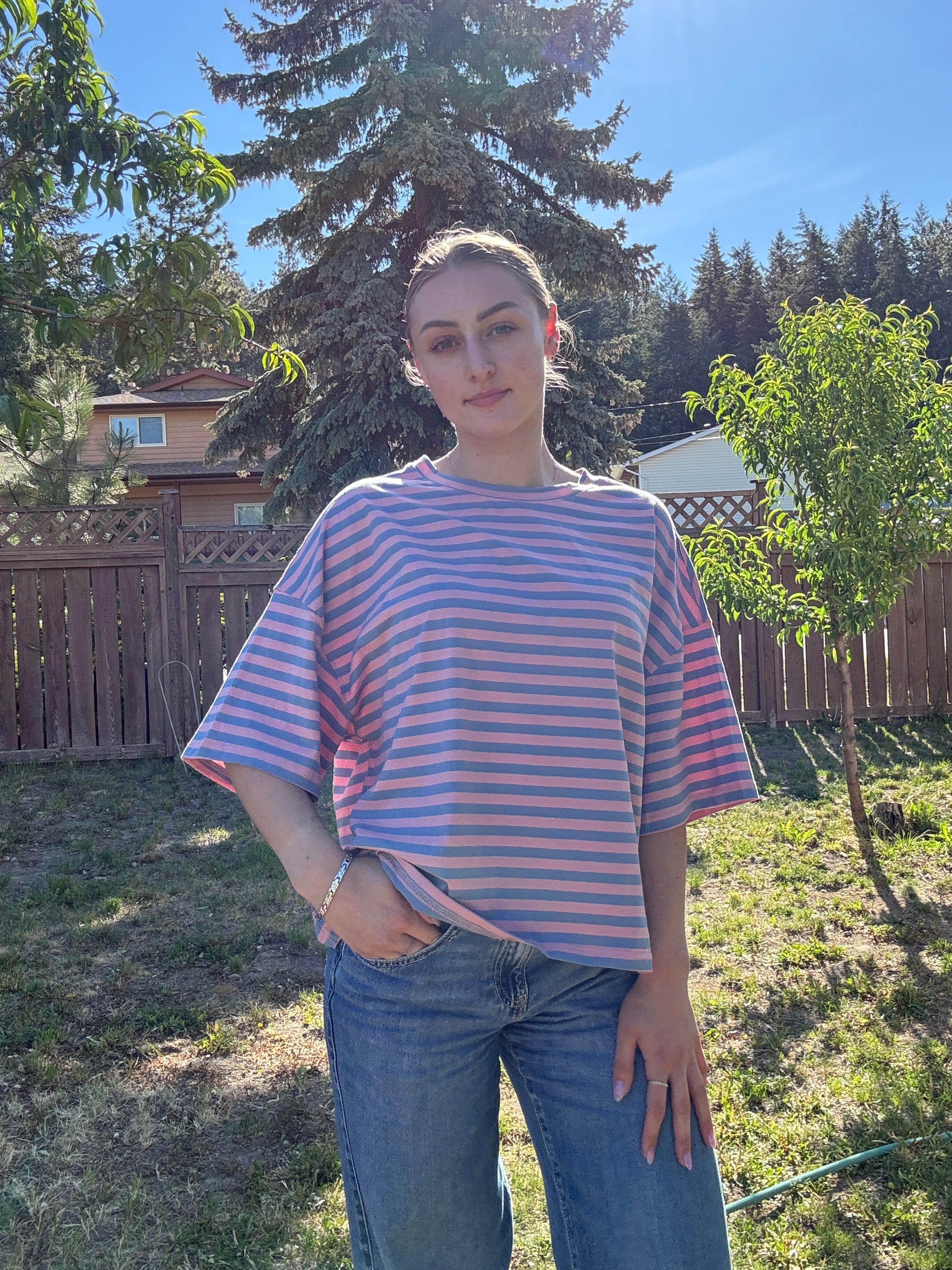 The Sunday Stripe Oversized Tee- rose violet
