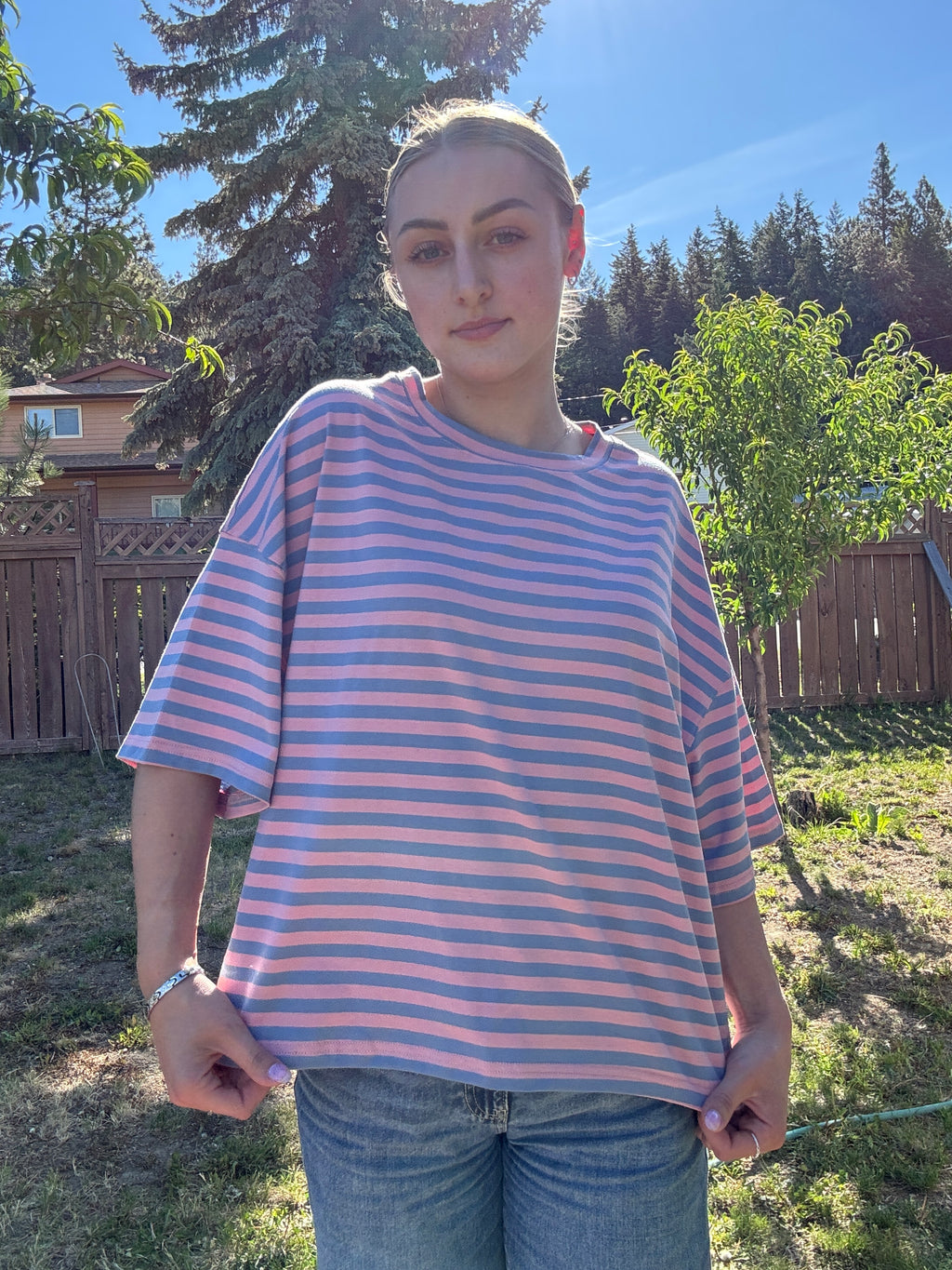 The Sunday Stripe Oversized Tee- rose violet
