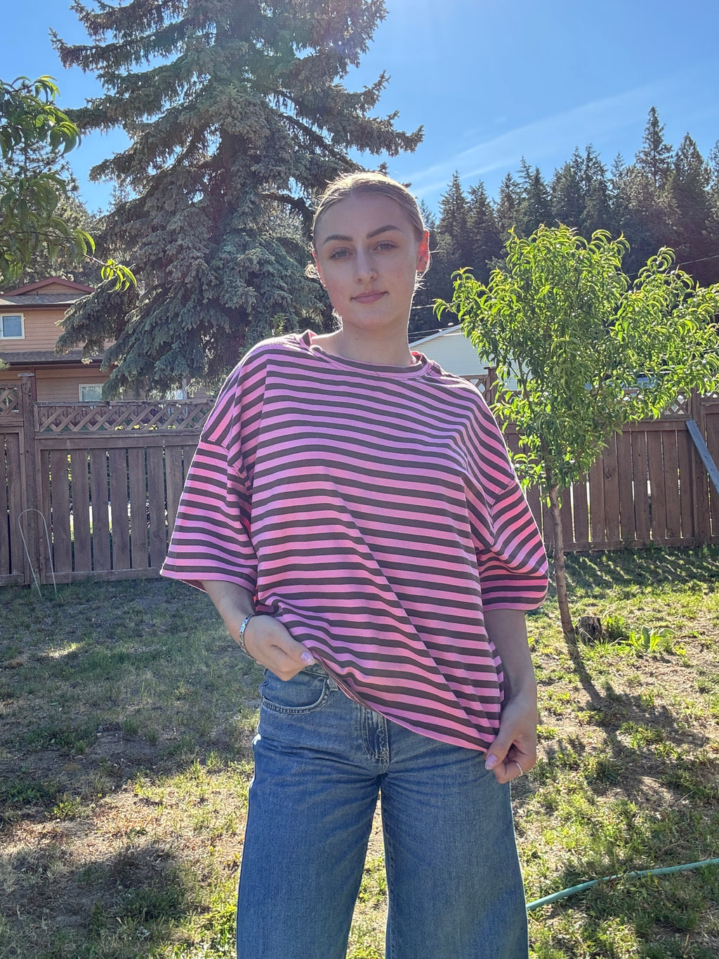 The Sunday Stripe Oversized Tee- coco rose