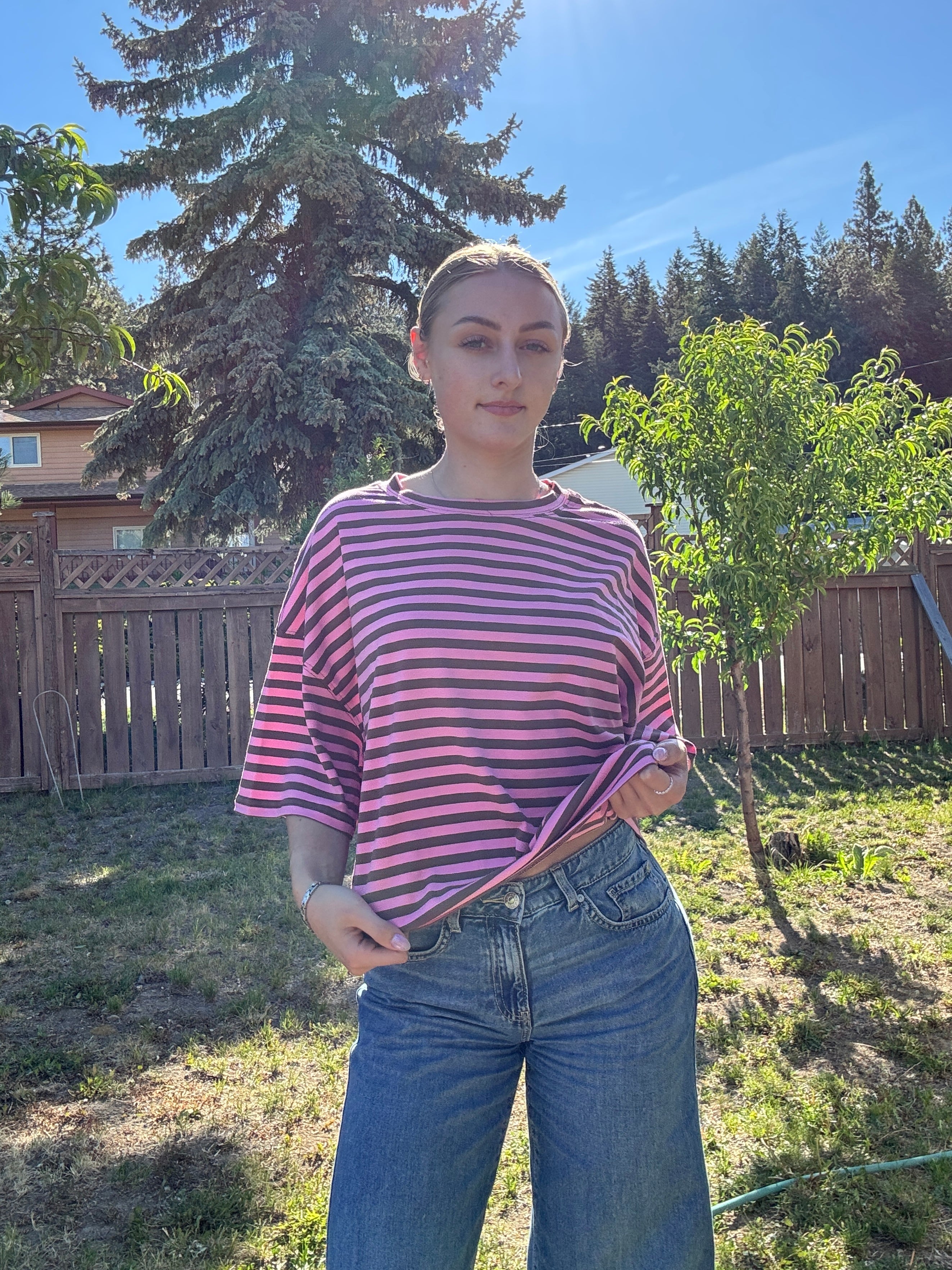 The Sunday Stripe Oversized Tee- coco rose