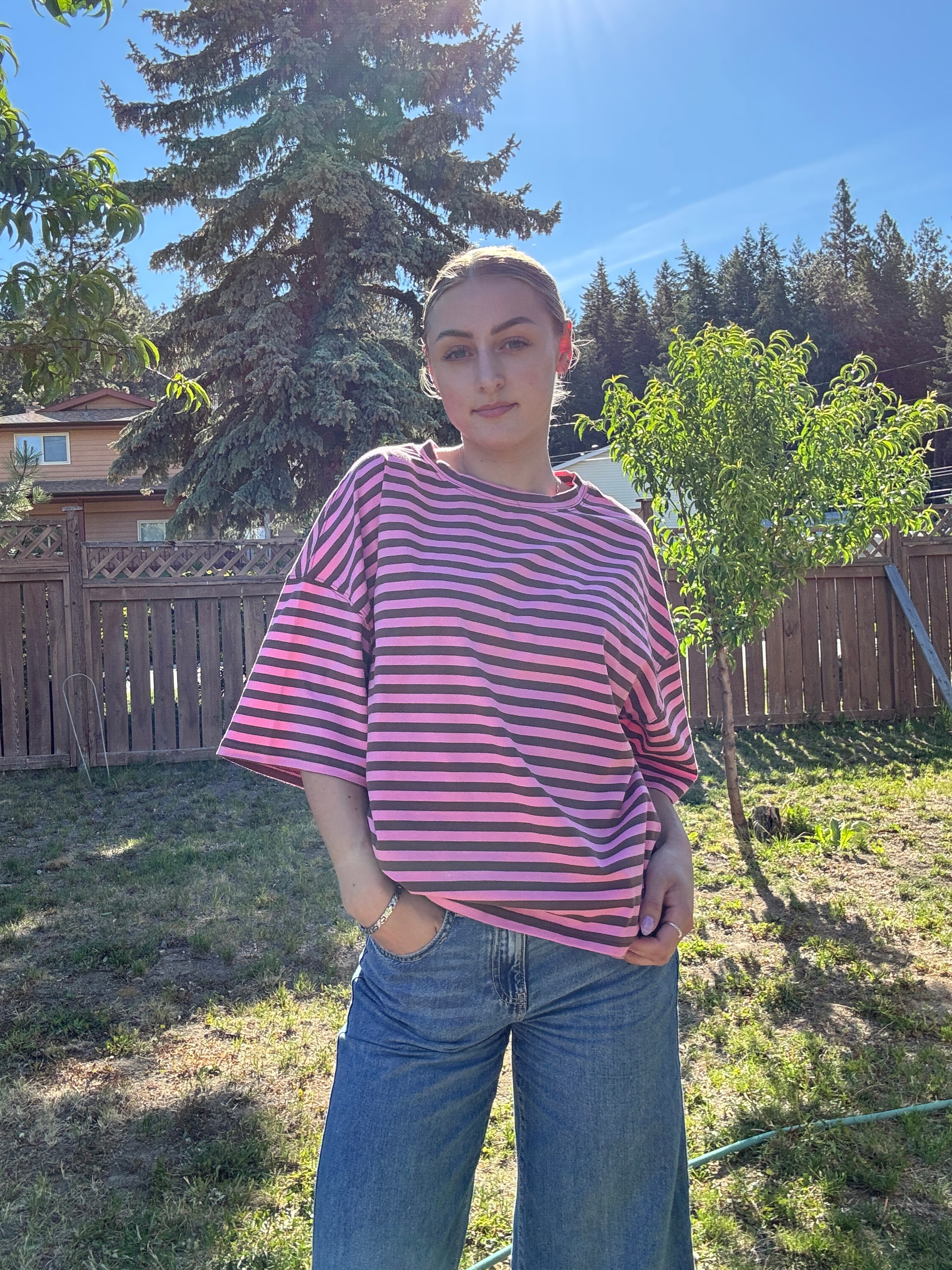 The Sunday Stripe Oversized Tee- coco rose