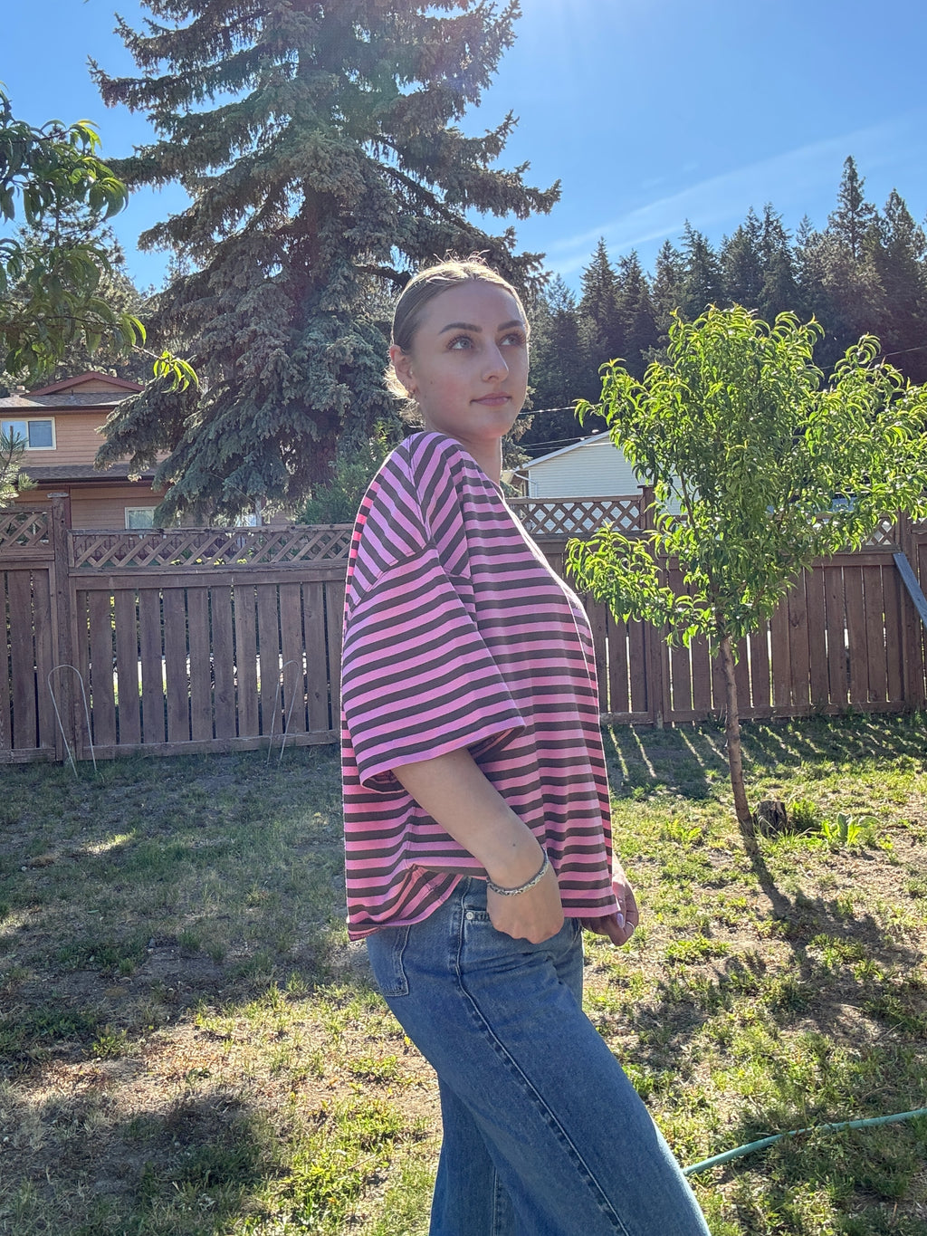 The Sunday Stripe Oversized Tee- coco rose