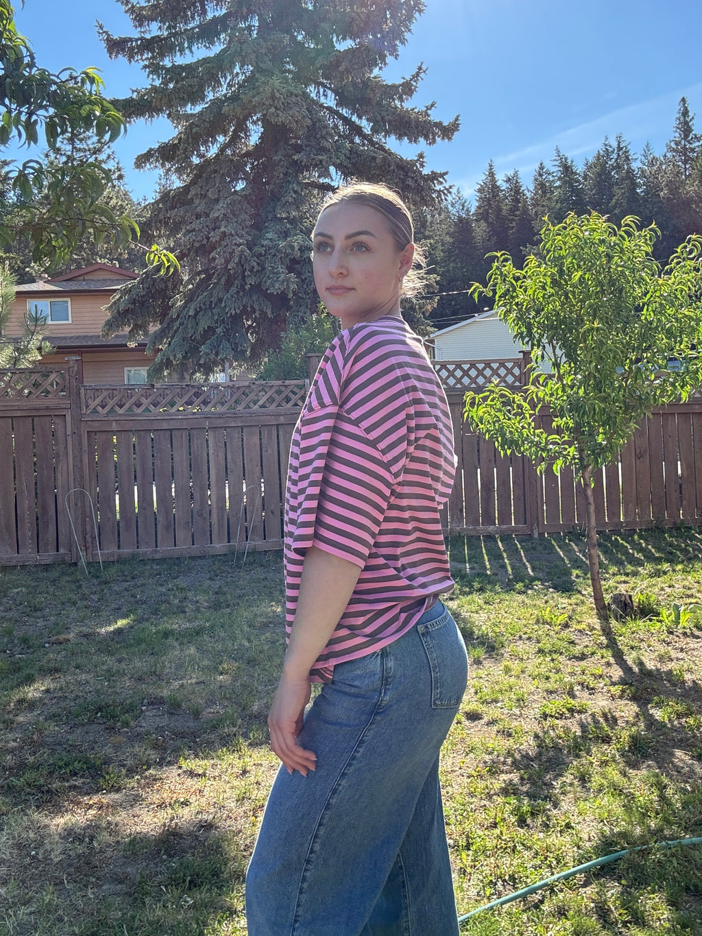 The Sunday Stripe Oversized Tee- coco rose