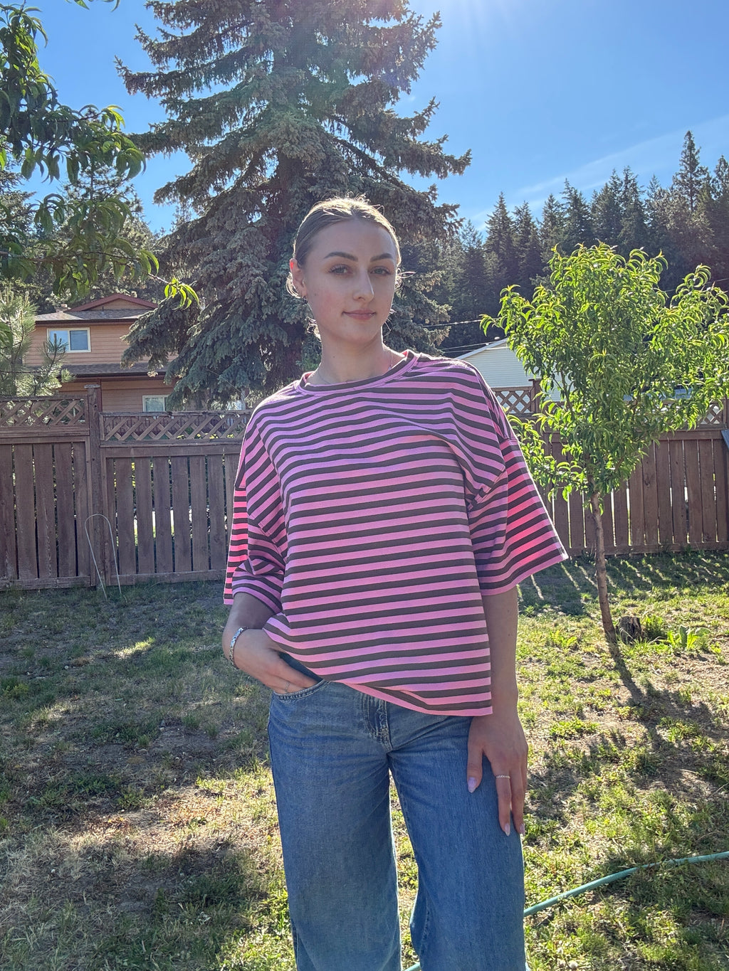 The Sunday Stripe Oversized Tee- coco rose