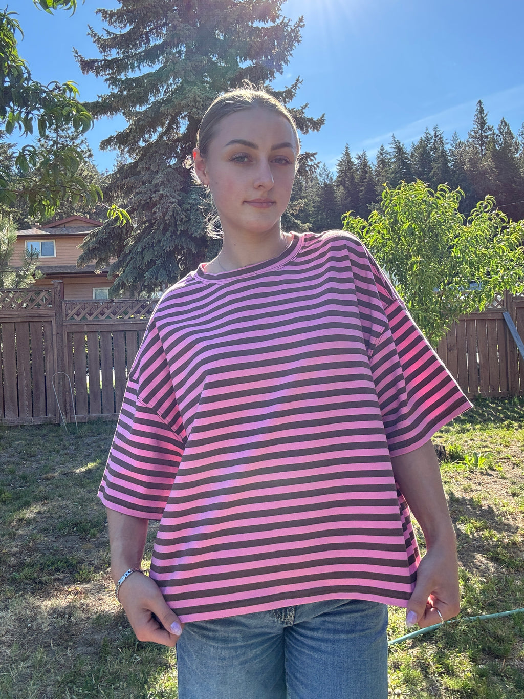 The Sunday Stripe Oversized Tee- coco rose