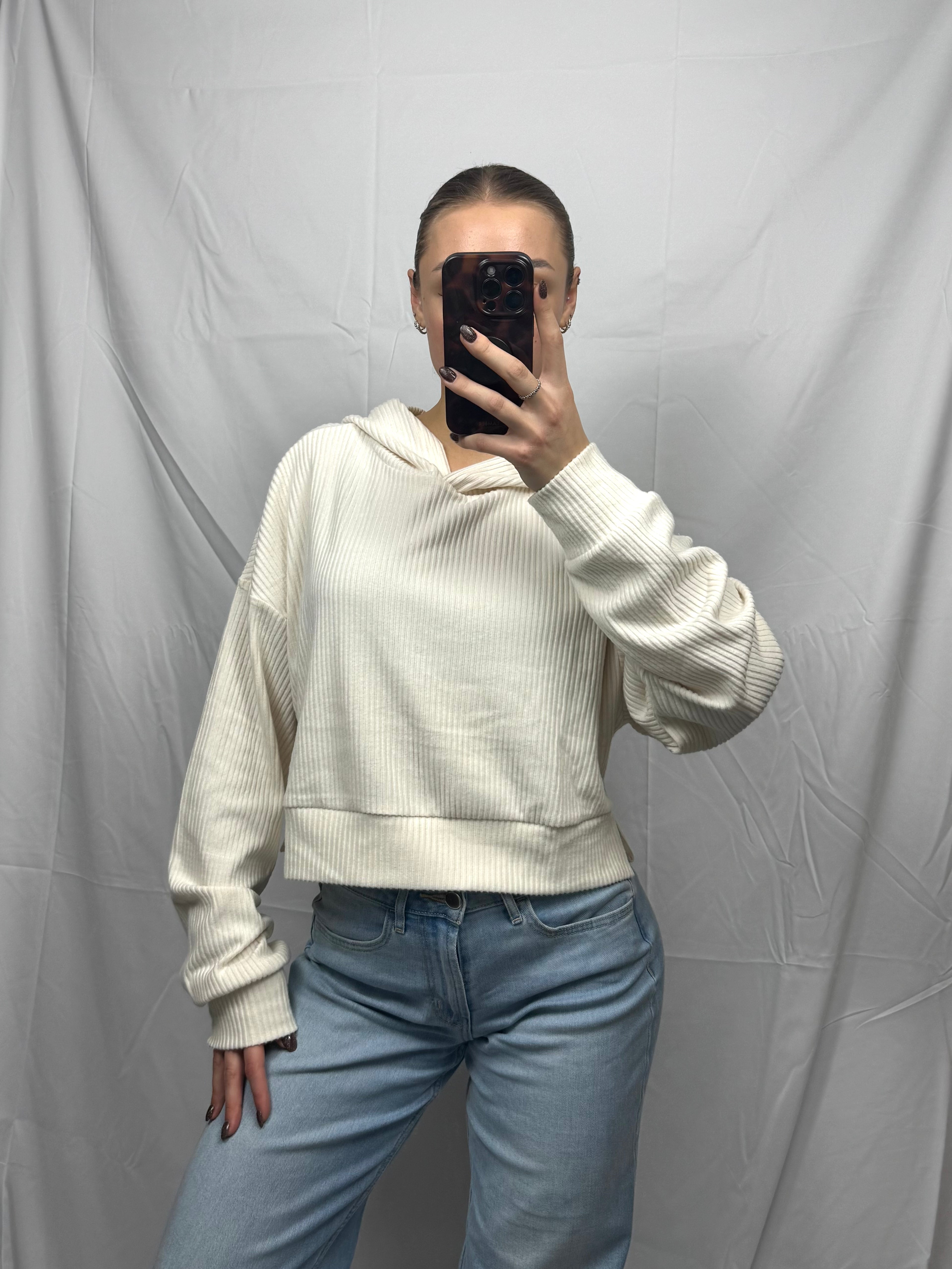 Cropped Ribbed Drop Shoulder Hoodie