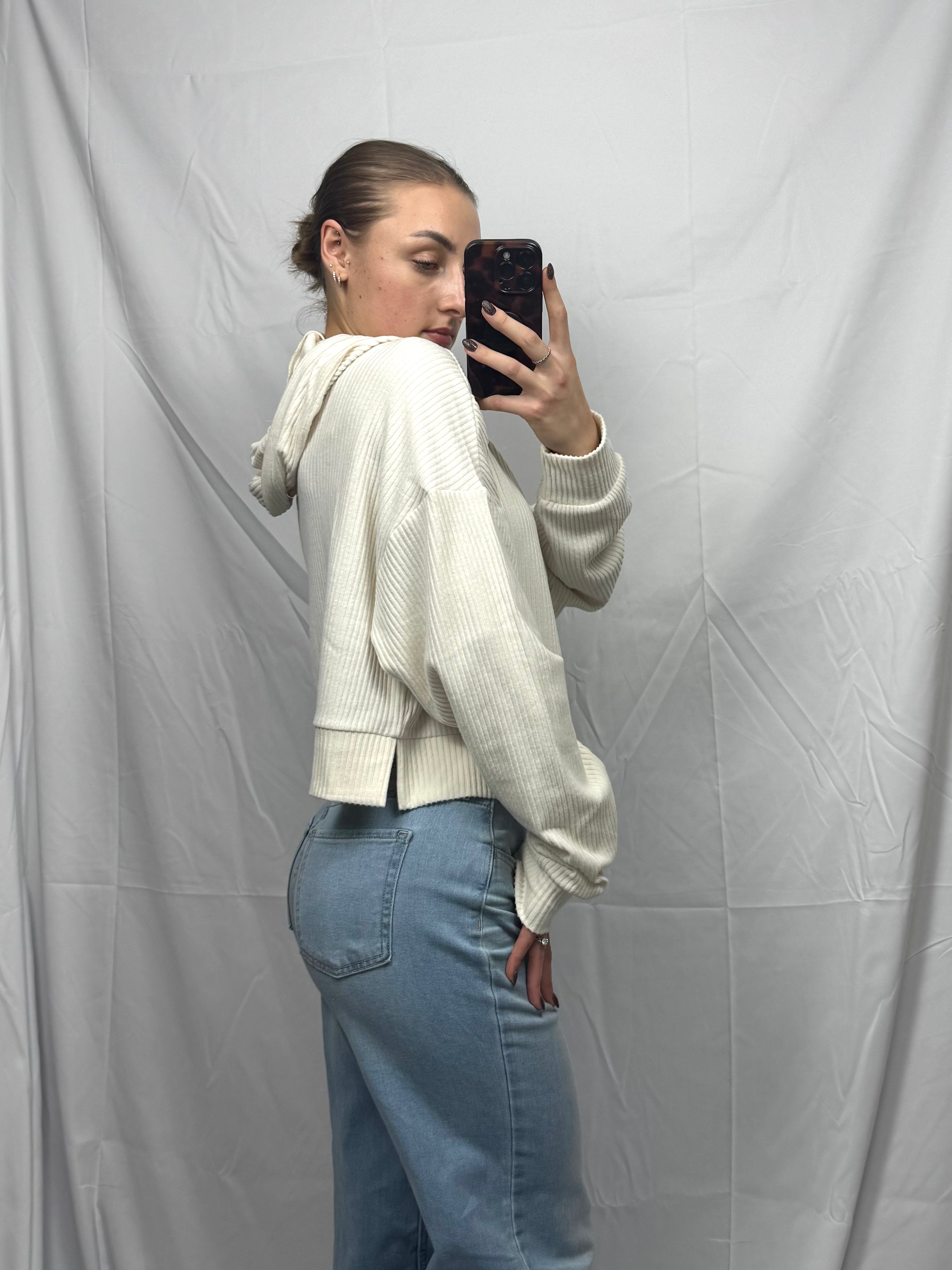 Cropped Ribbed Drop Shoulder Hoodie