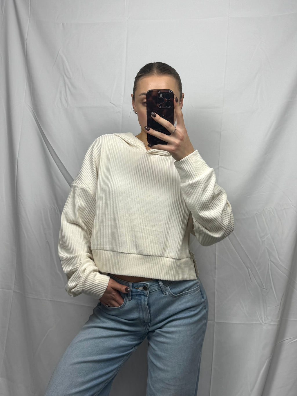 Cropped Ribbed Drop Shoulder Hoodie