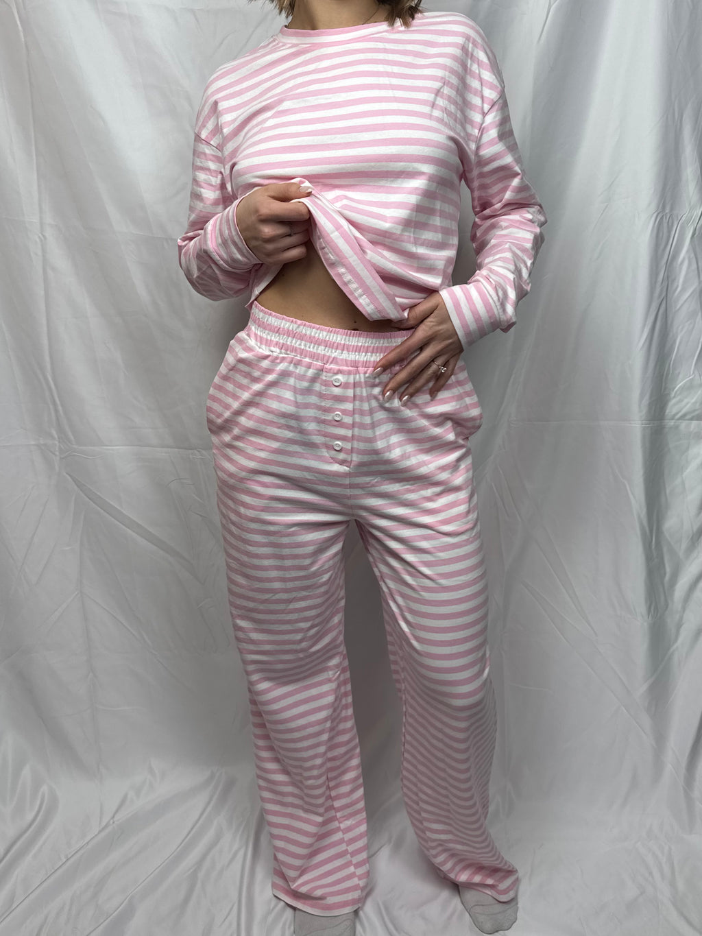 Pink Striped Long Sleeve Lounge Set